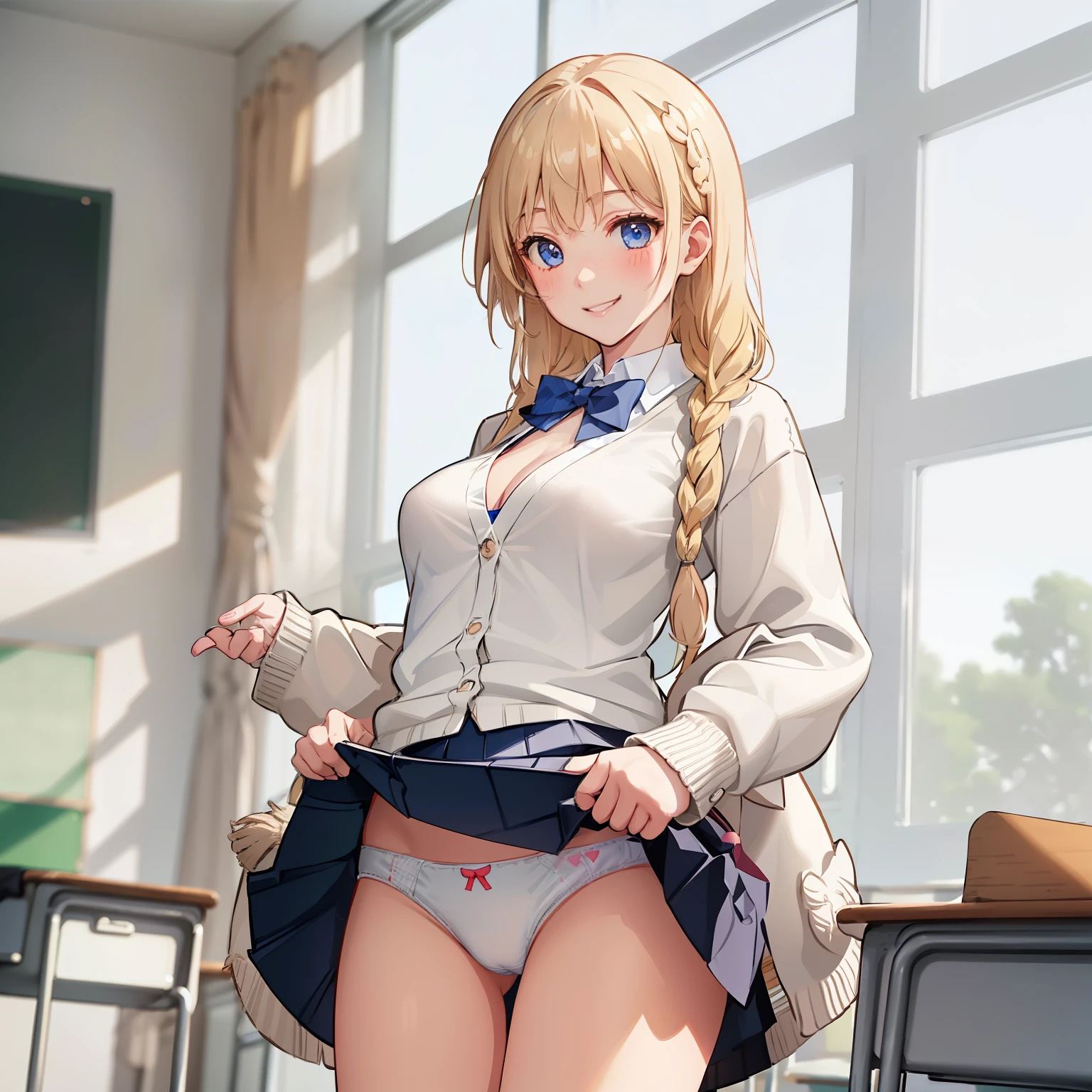 ((1 girl))、(smile:1.5)、small breasts、(cowboy shot)、(fun!!)、(white cardigan:1.5)、(blonde)、blush、(single braid)、(eye highlights:1.3)、blake black footwear,(黒いskirt)、bow, button, shirt with collar, long sleeve, ((red bow tie, , black jacket, open jacket, brown cardigan, white shirt, 黒のskirt, チェック柄のskirt、white socks)),, shirt,, skirt, socks, thighs, white shirt, rest indoors, ((classroom:1.5))、 BREAK While watching the audience、(skirtを掴む:1.0)、 (perfect hands, perfect anatomy),cowboy shot、(skirt lift:1.3),(highly detailed white panties:1.3)、(highly detailed panties:1.3)、、(skirt that rolls up:1.3)、(fully exposed panties:1.5)、blue eyes