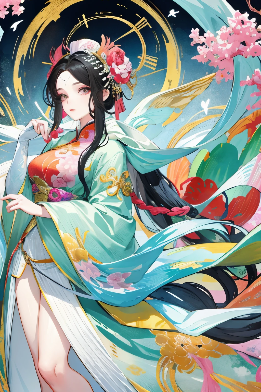 （The anthropomorphization of Chinese mythical beasts，beautiful girl，Wear colorful clothes），full body standing painting，wide sleeves，big watery eyes，Beautiful face and smooth fair skin，delicate face，long black hair，ancient chinese beauties，Wearing ancient Chinese costumes，gossamer，rich and colorful，Colorful and bright，Vibrant digital illustrations，（clean background），ink painting style，clean colors，Decisive cuts，a blank，masterpiece， Super exquisite，epic work，high quality，最high quality，4k