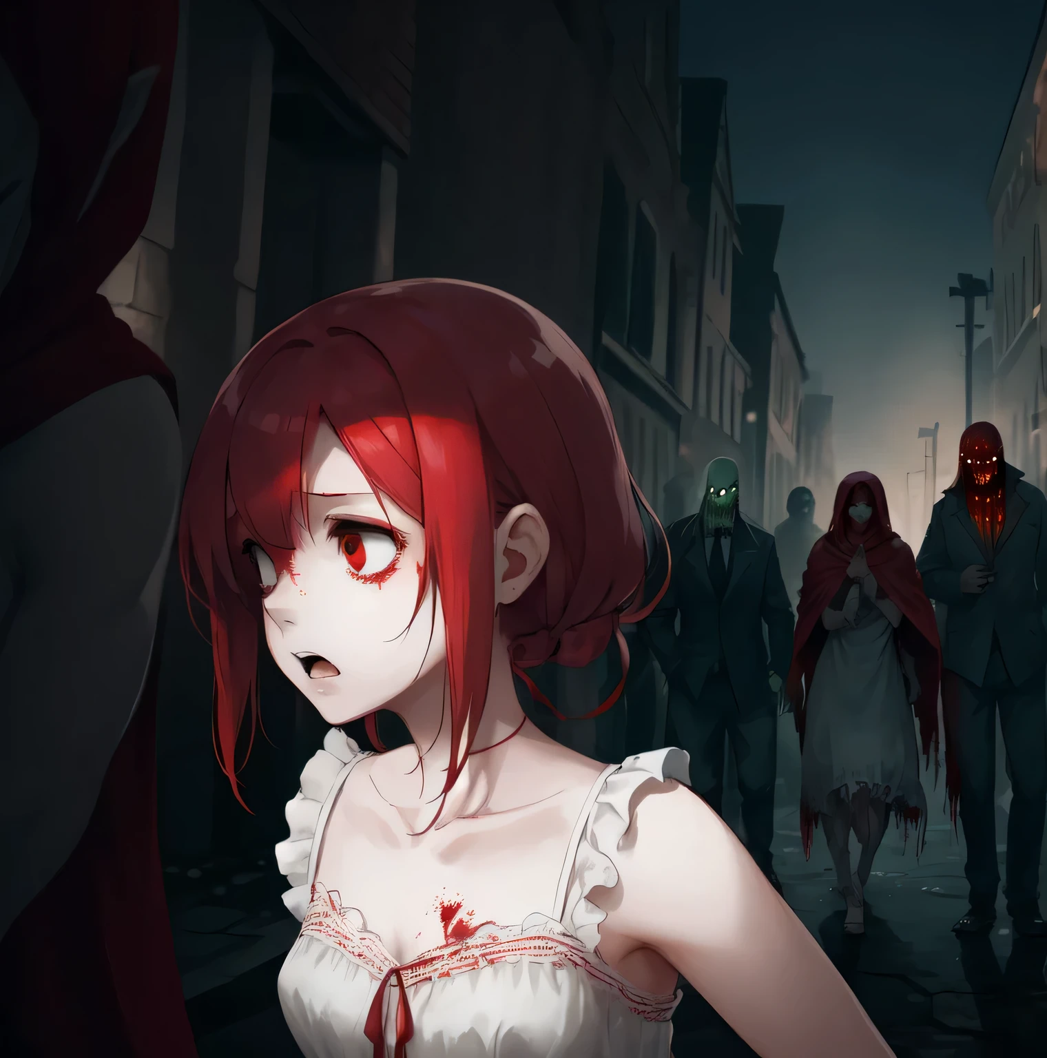 a girl,((Red shawl hair)),ran out anxiously,white dress,Pink lace trim,((Followed by a group of zombies))