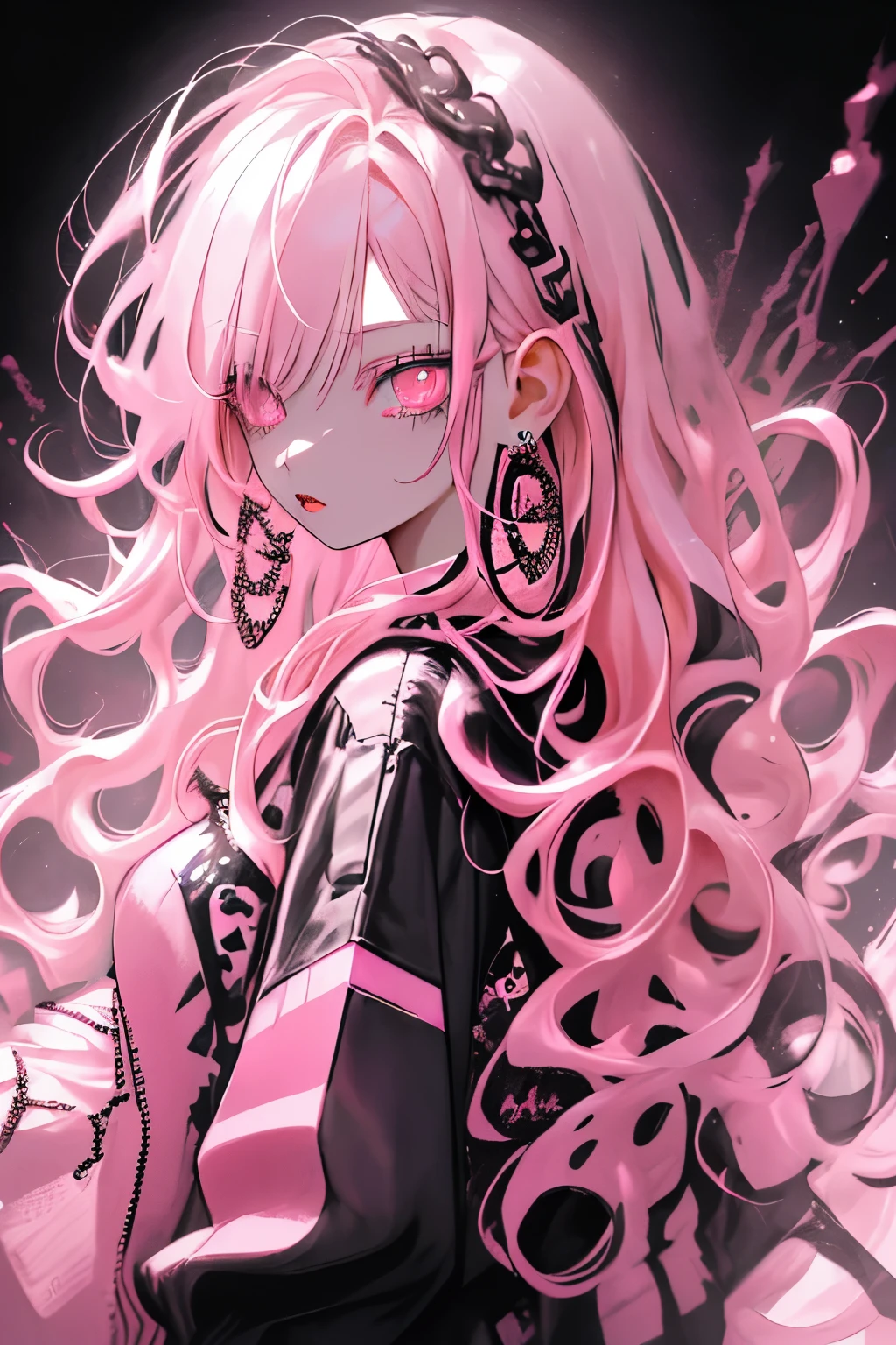 bottom style, 1 girl, alone, long hair, looking at the viewer, glowing background, jewelry, closed mouth, Jacket, Upper body, pink hair, earrings, pink eyes, necklace, From the side, sweater, lips, eyelash, compensate, wavy hair, earrings, cross, lipstick, ear earrings, eye shadow, hoop earrings, pink lips, multicolored eyes, pink theme, , pink eye shadow,