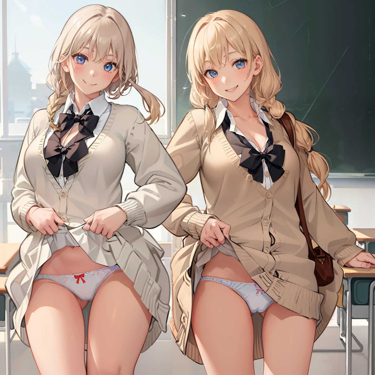 ((1 girl))、(smile:1.5)、small breasts、（cowboy shot）、(fun!!)、(white cardigan:1.5)、(blonde)、blush、(single braid)、(eye highlights:1.3)、blake black footwear,(黒いskirt)、bow, button, shirt with collar, long sleeve,  ((red bow tie, , black jacket, open jacket, brown cardigan, white shirt, 黒のskirt, チェック柄のskirt、white socks)),, shirt,, skirt, socks, thighs, white shirt, rest indoors, ((classroom:1.5))、 BREAK While watching the audience、(skirtを掴む:1.0)、 (perfect hands, perfect anatomy),cowboy shot、(skirt lift:1.3),(highly detailed white panties:1.3)、(highly detailed panties:1.3)、、(skirt that rolls up:1.3)、(fully exposed panties:1.5)、blue eyes
