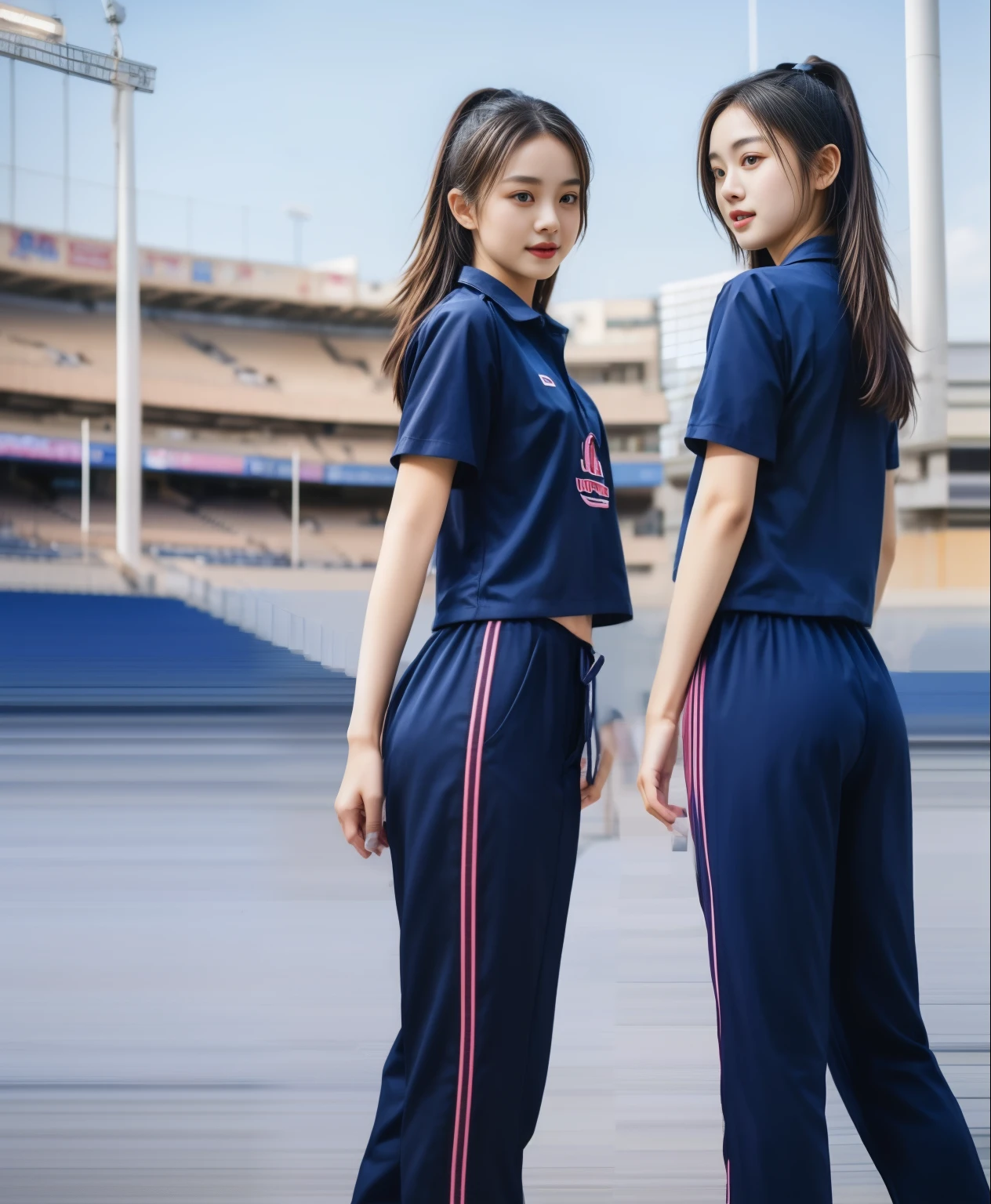 (best quality,10,10,height,Masterpiece:1.2),Special details,(realistic,ภาพrealistic,Realistic photos:1.37),1 cute girl on the football field,shiny, ผิวshiny,only,smile softly,BDclothelue shirt:1.3)),short sleeve,shirt, กางเกงขาlong.,(navy_long_track pants:1.1), ((stadium background:1.3)),Dynamic angle,excited,Face focus,dynamic poses,from behind,focus on ass,Masterpiece, best quality, ultra realistic, hyper-detail, 8K resolution, raw photos, Sharp focus, ((Navy blue shirt:1.1)), short sleeve, เส้นทางlong, perfect body, 2 mature women, 18 years old, Cinema-grade lighting system,blue sweatpants,shirtผ้าออกกำลังกาย,correct anatomy,perfect body, correct body, Sharp face, correct bodyทางกายวิภาค, full body, realistic gestures, long-haired, realistic poses,Wear long shorts................................,ช่วงขาlong,Good shape,carved girl, Slender figure, model, Good shape, beautiful body,blue sweatpants, two girls kissing