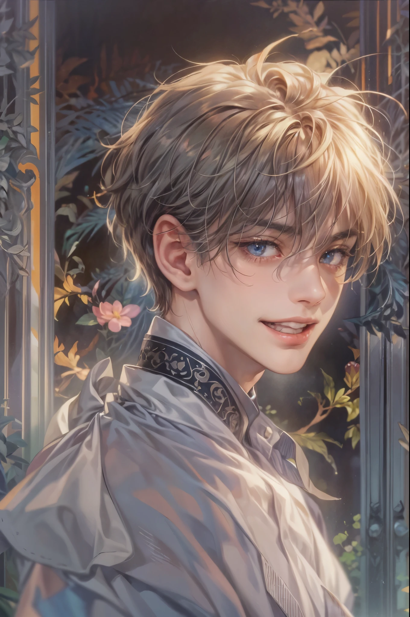 ((Best quality)), ((masterpiece)), (detailed), ((perfect face)), ((halfbody)) handsome face, male, teen boy,  perfect proportions , a male version character from fushigi yugi, short hair, male version, creepy smile, detailed eerie background, detailed eerie scenery 