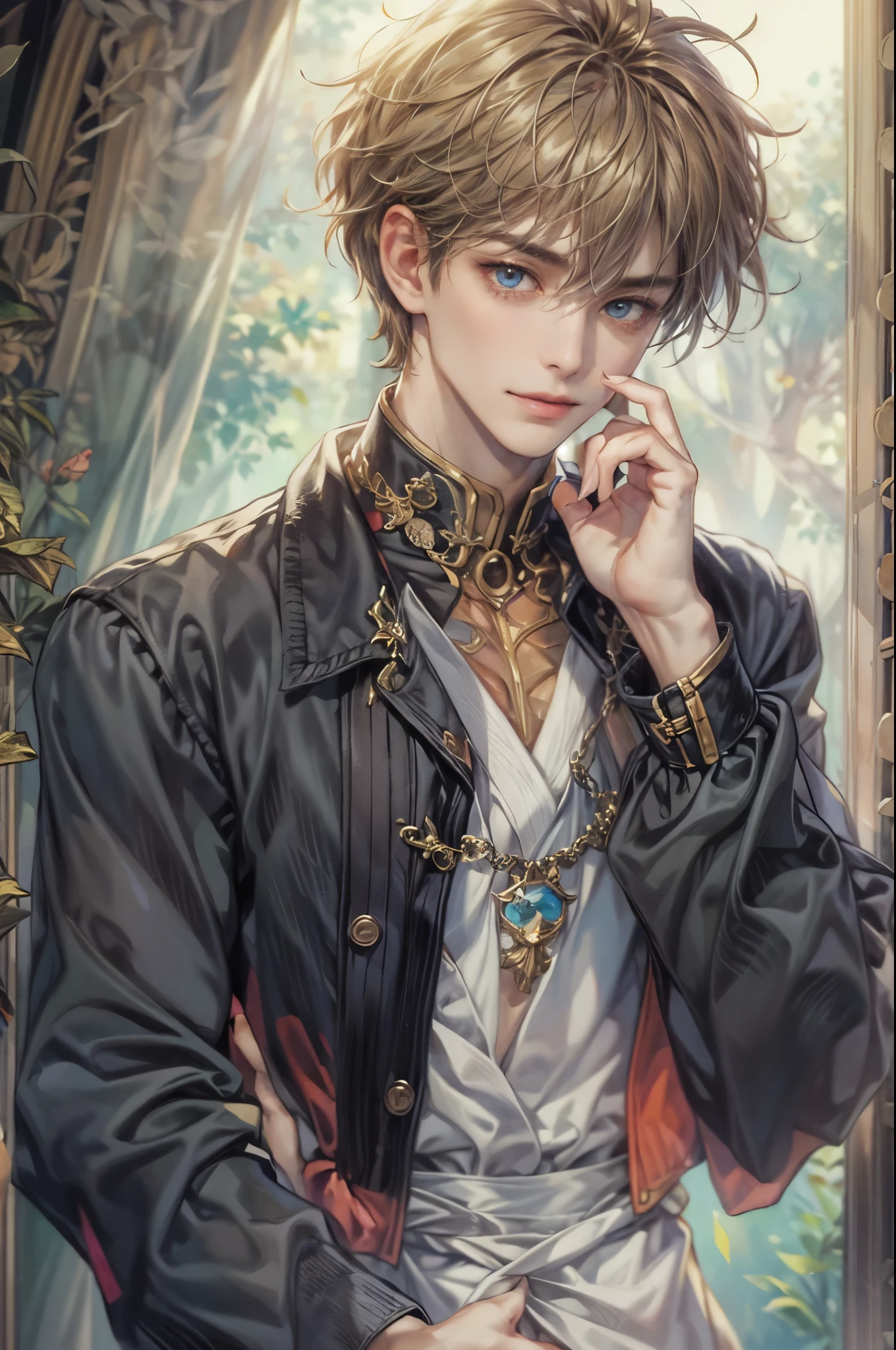 ((Best quality)), ((masterpiece)), (detailed), ((perfect face)), ((halfbody)) handsome face, male, teen boy, perfect proportions , a male version character from fushigi yugi, short hair, male version, creepy smile, detailed eerie background, detailed eerie scenery