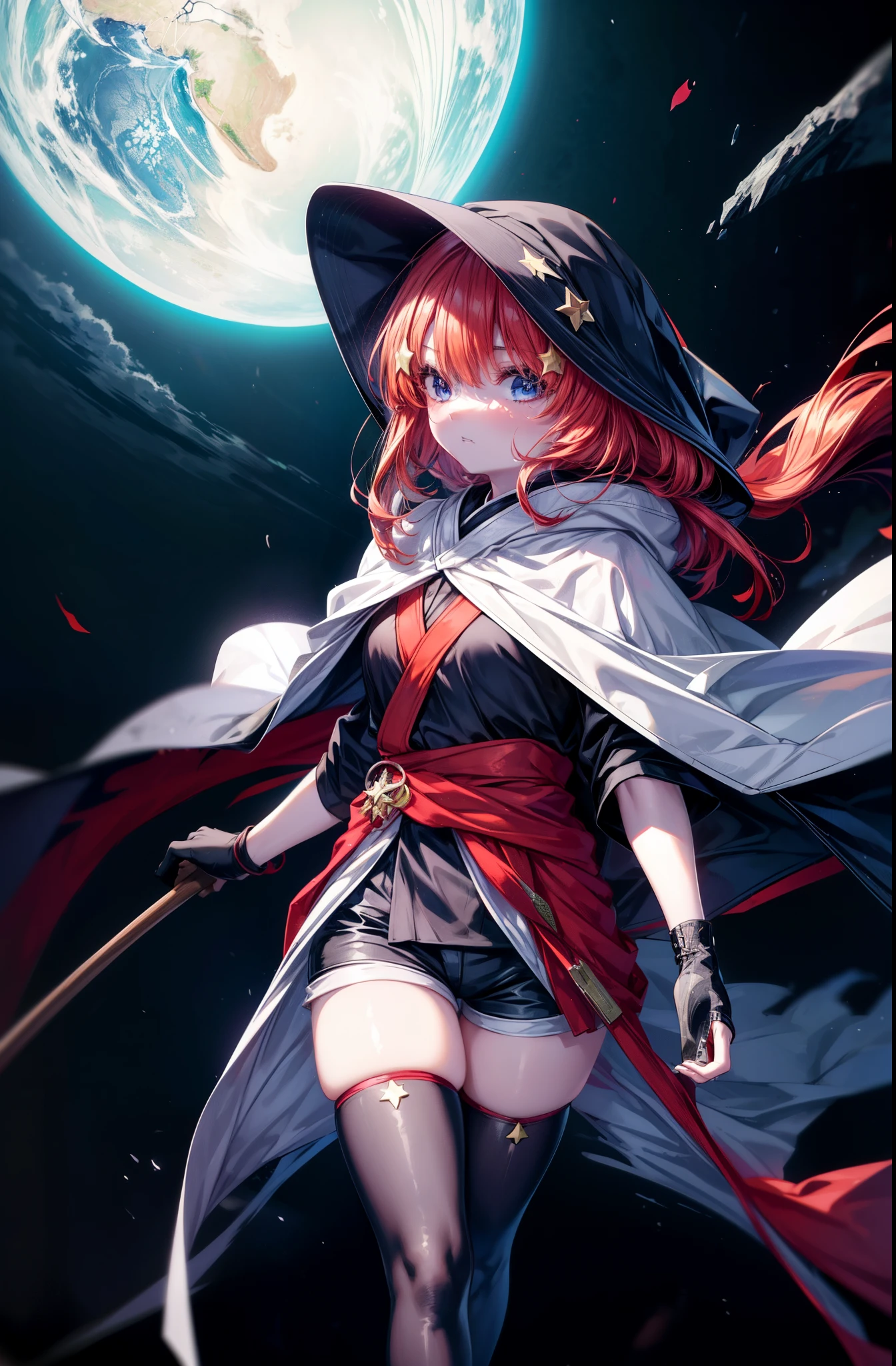 itsukinakano, Itsuki Nakano, bangs, blue eyes, hair between eyes, put the back hair in the hood,, redhead, star \(symbol\), hair ornaments, star hair ornaments,hood up,carry a bow on one&#39;s shoulder,wear the quiver on one&#39;s waist, asymmetrical clothes, boots, cloak,gloves, red Thighhighs, high heels, shorts, Thighhighs,So that the whole body goes into the illustration,walking,
break outdoors, forest,forest林, (cowboy shot:1. 5)
break (masterpiece:1.2), highest quality, High resolution, unity 8k wallpaper, (figure:0.8), (detailed and beautiful eyes:1.6), highly detailed face, perfect lighting, Very detailed CG, (perfect hands, perfect anatomy),