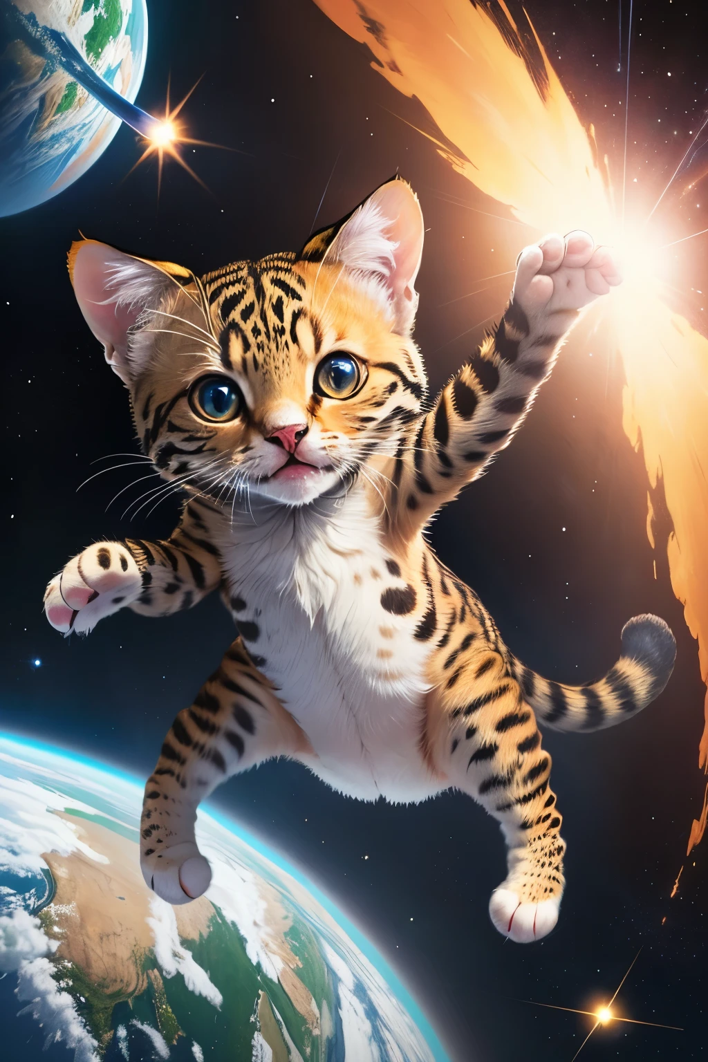 little spotted cat flying in space