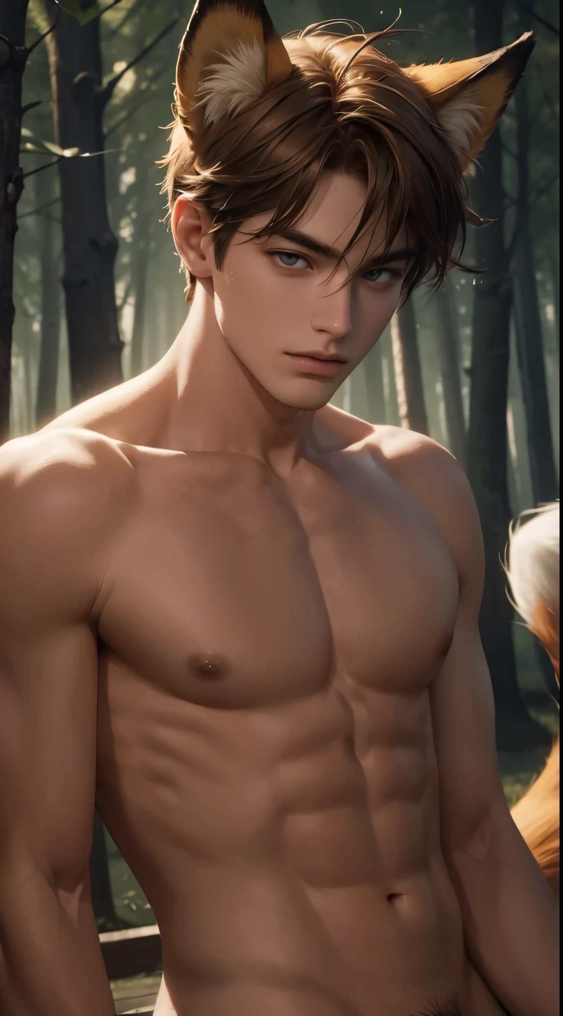 4k, high resolution, best quality, masterpiece, perfect color, perfect shade, perfect lighting, Posted by e621, ((portrait)), ((handsome man)), perfect male figure, Short hair details，Naked torso，Detailed face, perfect face, (stood up), Detailed background, ((Bonifasco Lighting)), (delicate eyes),(animal ears：fox)，((big fluffy tail))，tattoo，((forest))，emaciated