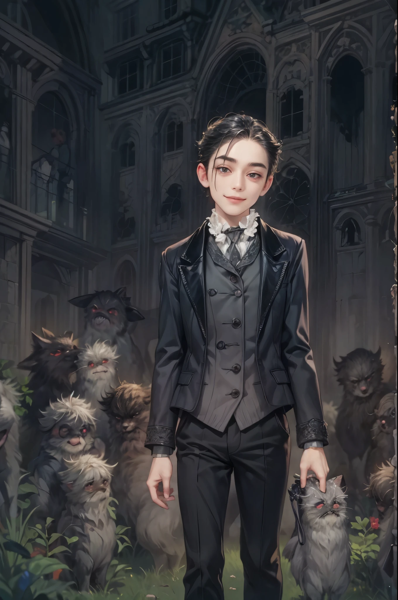 ((Best quality)), ((masterpiece)), (detailed), ((perfect face)), ((halfbody)) handsome face, male,  boy,  perfect proportions , a male version character from the addams family, short hair, male version, creepy smile, detailed eerie background, detailed eerie scenery 