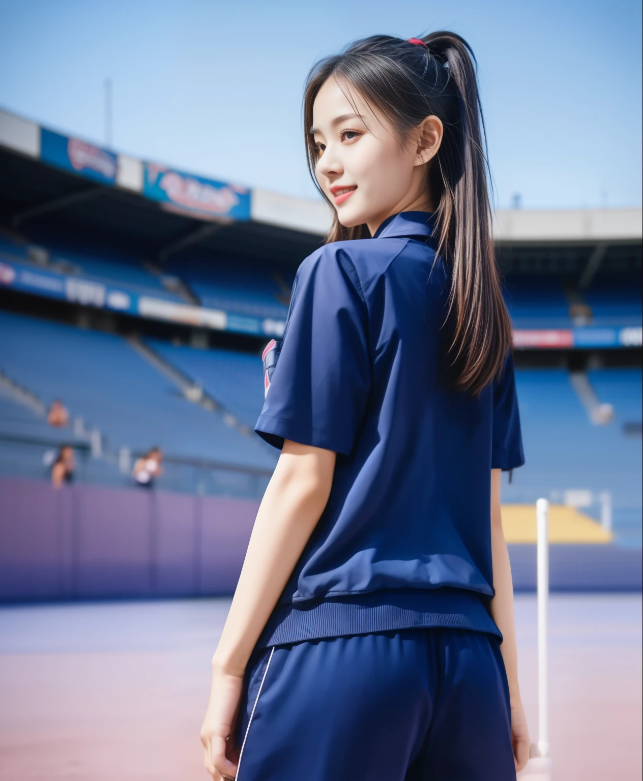(best quality,10,10,height,Masterpiece:1.2),Special details,(realistic,ภาพrealistic,Realistic photos:1.37),1 cute girl on the football field,shiny, ผิวshiny,only,smile softly,BDclothelue shirt:1.3)),short sleeve,shirt, กางเกงขาlong.,(navy_long_track pants:1.1), ((stadium background:1.3)),Dynamic angle,excited,Face focus,dynamic poses,from behind,focus on ass,Masterpiece, best quality, ultra realistic, hyper-detail, 8K resolution, raw photos, Sharp focus, ((Navy blue shirt:1.1)), short sleeve, เส้นทางlong, perfect body, 2 mature women, 18 years old, Cinema-grade lighting system,blue sweatpants,shirtผ้าออกกำลังกาย,correct anatomy,perfect body, correct body, Sharp face, correct bodyทางกายวิภาค, full body, realistic gestures, long-haired, realistic poses,Wear long shorts................................,ช่วงขาlong,Good shape,carved girl, Slender figure, model, Good shape, beautiful body,blue sweatpants, two girls kissing