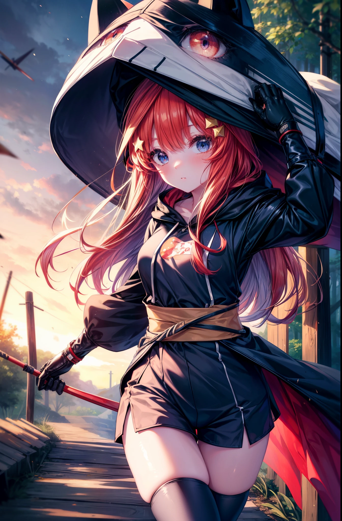 itsukinakano, Itsuki Nakano, bangs, blue eyes, hair between eyes, put the back hair in the hood,, redhead, star \(symbol\), hair ornaments, star hair ornaments,hood up,carry a bow on one's shoulder,Wear a box containing arrows on your waist, asymmetrical clothes, boots, cloak,gloves, red Thighhighs, high heels, shorts, Thighhighs,So that the whole body goes into the illustration,walking,
break outdoors, forest,forest林, (cowboy shot:1. 5)
break (masterpiece:1.2), highest quality, High resolution, unity 8k wallpaper, (figure:0.8), (detailed and beautiful eyes:1.6), highly detailed face, perfect lighting, Very detailed CG, (perfect hands, perfect anatomy),