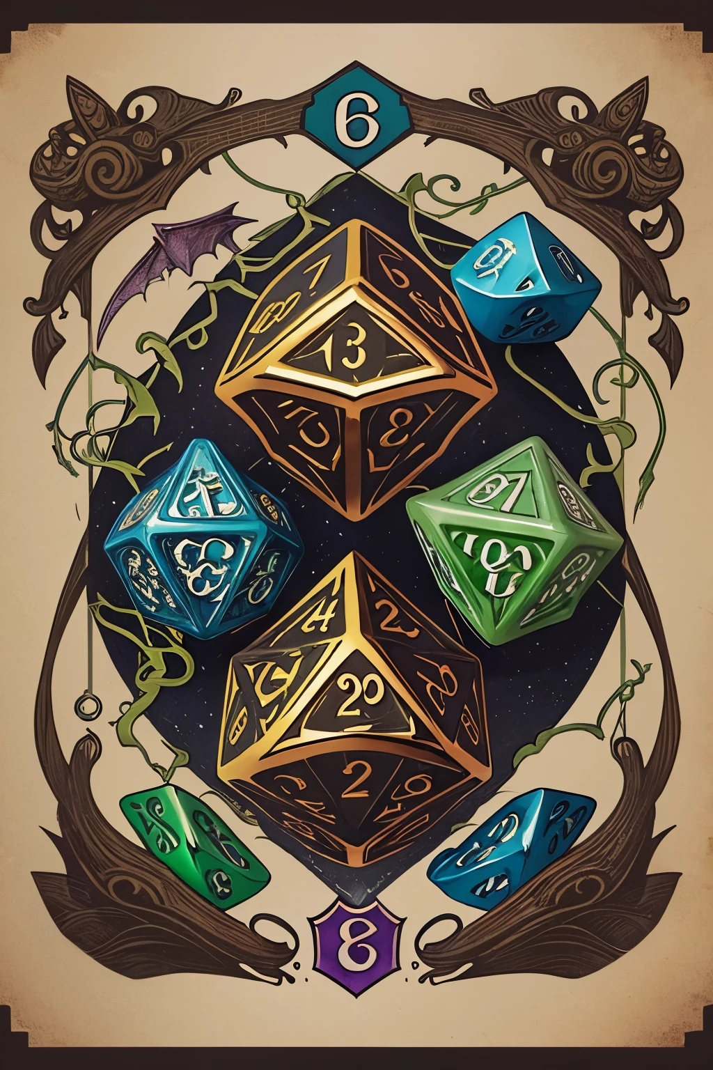 A cartoon illustration of a d20 dice with vines around it, High quality DND illustration, Estilo Dragones y Mazmorras, Fantasy D&D magic object, de mazmorras y dragones, DND color illustration, arte de dragones y mazmorras, Fantasy game spell symbol, personaje de dragones y mazmorras, d20 hecho de dientes, Juego de rol de mesa, d&D Illustration style