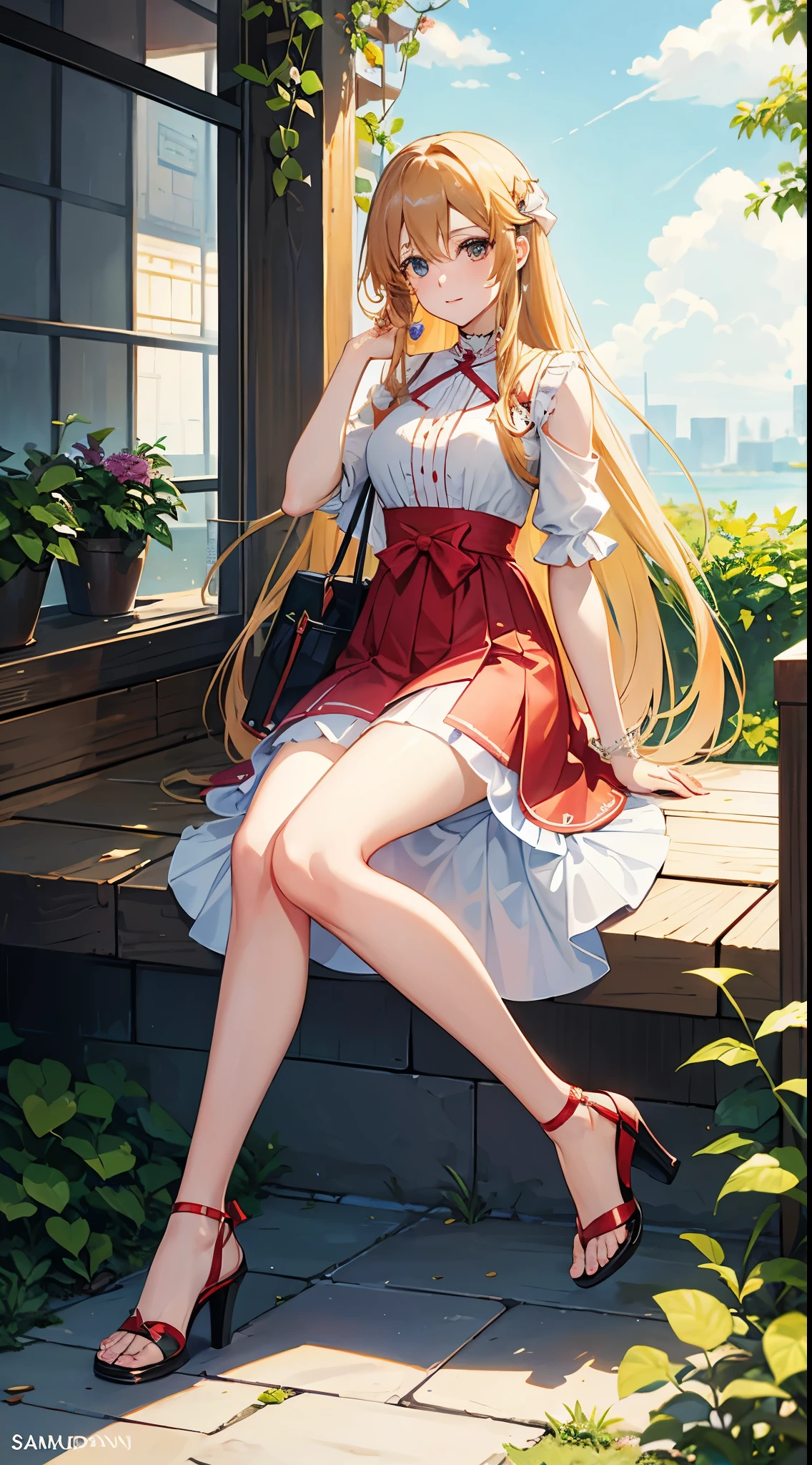Asuna from Sword Art Online wearing a summer dress and high heels