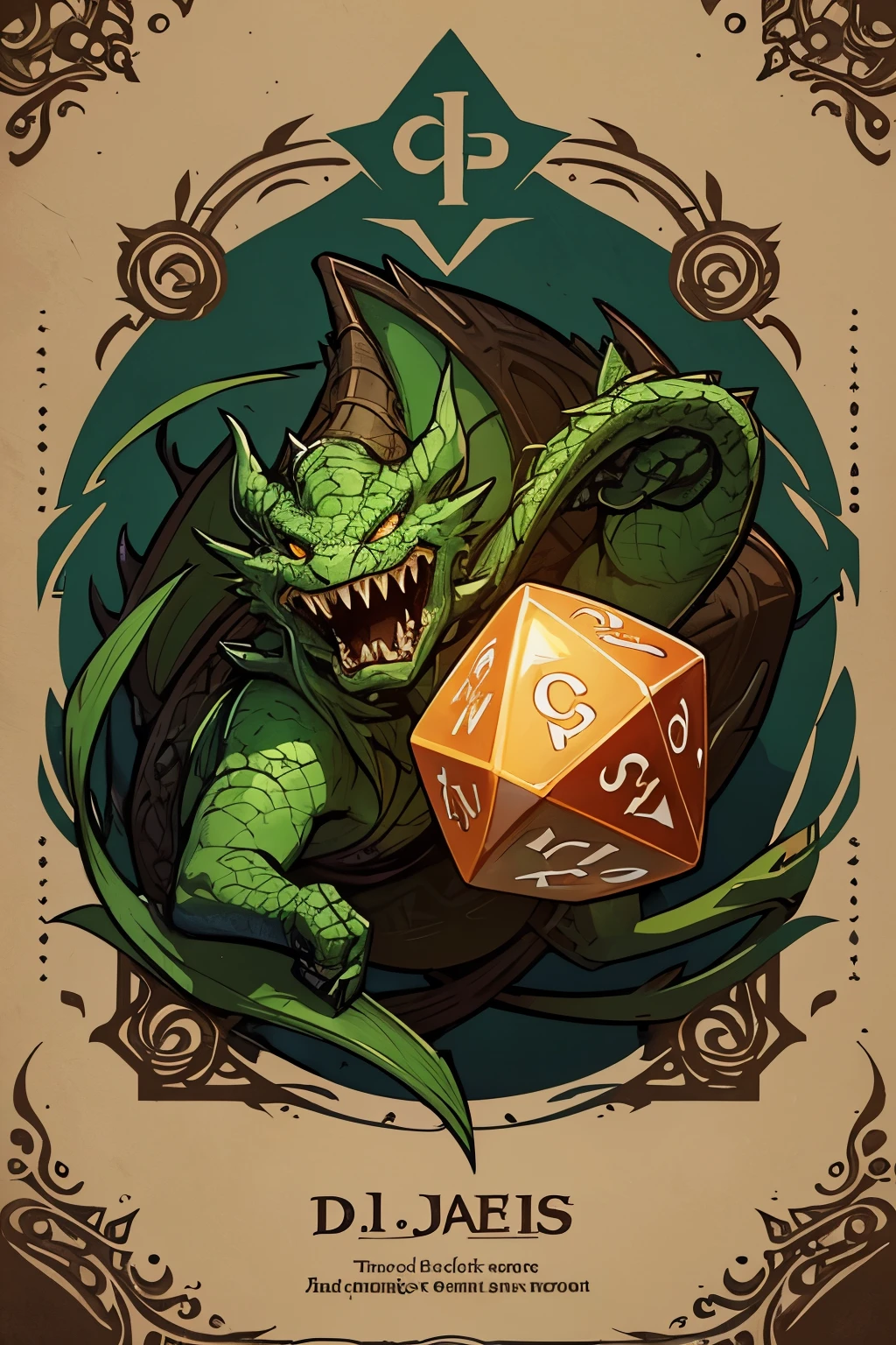 A cartoon illustration of a d20 dice with vines around it, High quality DND illustration, Estilo Dragones y Mazmorras, Fantasy D&D magic object, de mazmorras y dragones, DND color illustration, arte de dragones y mazmorras, Fantasy game spell symbol, personaje de dragones y mazmorras, d20 hecho de dientes, Juego de rol de mesa, d&D Illustration style