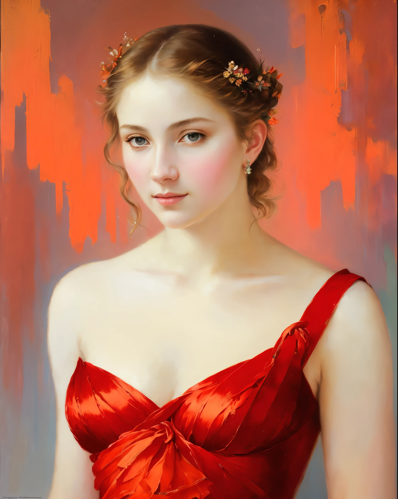Masterpiece, Best quality, Ethereal beauty, portrait, girl, 35 years old Woman, middle ages, classicism, andrey atroshenko style, painting, traditional media, realistic, figurative, fine art, oil on canvas, HDR, 8K, original character, high resolution, high detail, focus on the face