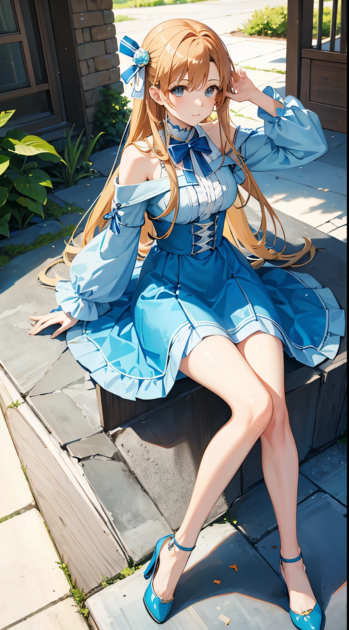 Asuna from Sword Art Online wearing a blue summer dress and high heels