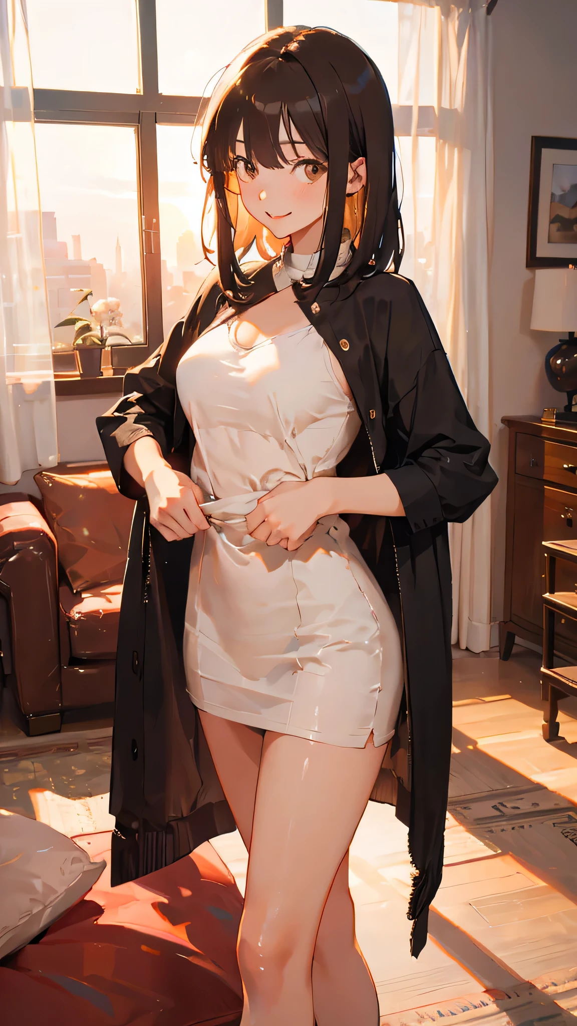 Highest quality、One woman、Full-body portrait of a beautiful woman in an apron、Random sexy poses、knit、Brown hair half-up、The skeleton is straight、Natural Lip、Beautiful breasts
