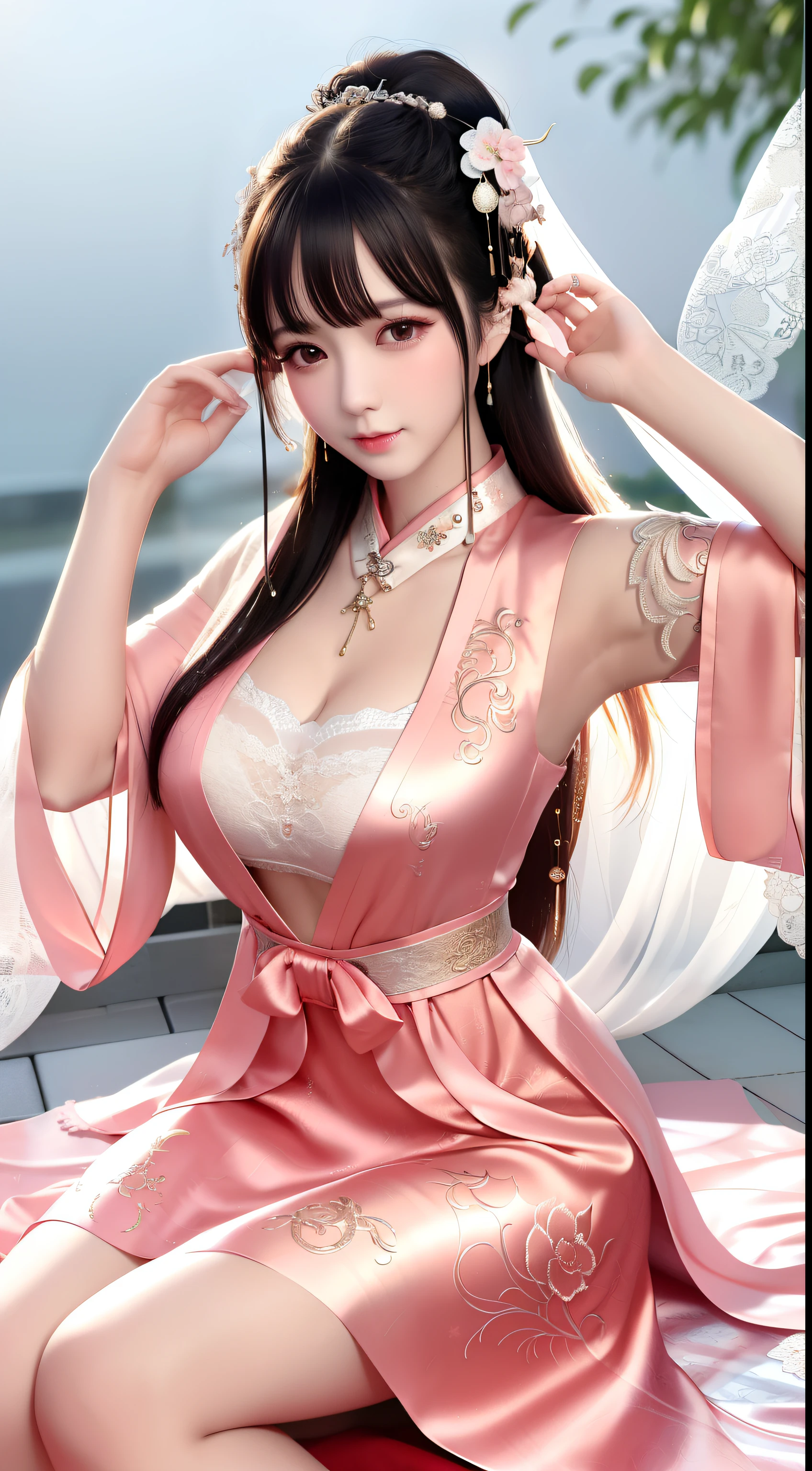 best quality, masterpiece, highres, 1girl 10 yearld old, china dress, hair ornament, necklace, jewelry, Beautiful face, upon_body, tyndall effect, photorealistic, dark studio, rim lighting, two tone lighting, (high detailed skin:1.2), 8k uhd, dslr, soft lighting, high quality, volumetric lighting, candid, Photograph, high resolution,, slightly squinted eyes, adjusting her hair, long eyelashes (long hair / very, very exaggerated big breasts _ tits / in hanfu chinese thin silk qipao very wet body, thin cloth embossed pattern, short skirt), posing sit in front of the camera, very wet body, thin cloth embossed pattern), posing sit in front of the camera, wet throught skin, wet silk lace under wear throught skin, thin cloth embossed pattern detaild lace,, thin hanfu dress ( throught bra silk pink )., Bokeh, explore breasts, open cheast