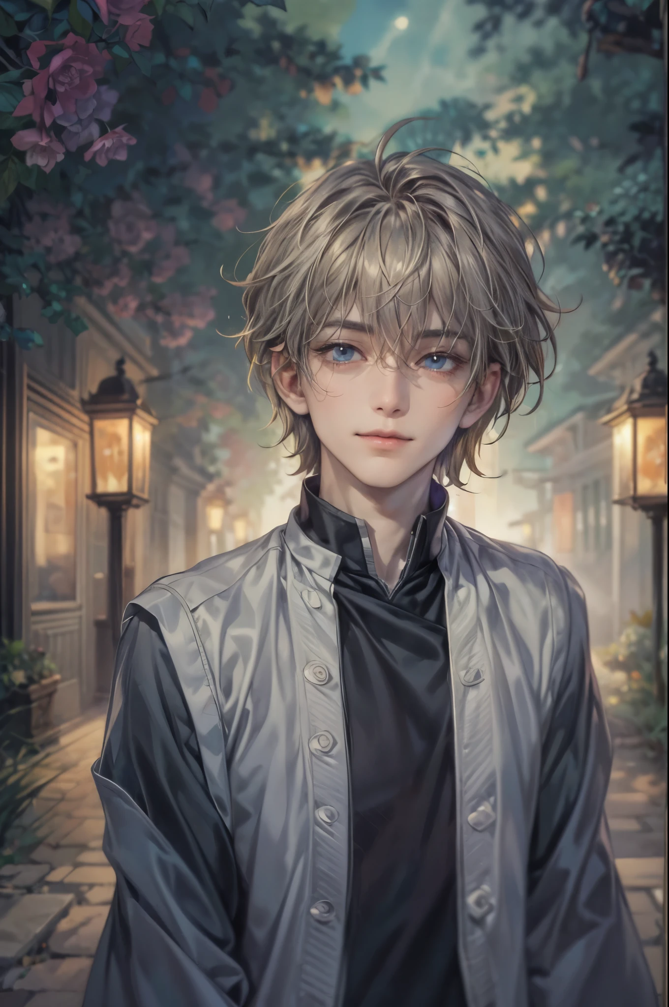 ((Best quality)), ((masterpiece)), (detailed), ((perfect face)), ((halfbody)) handsome face, male, teen boy,  perfect proportions , a male version character from fushigi yugi, short hair, male version, creepy smile, detailed eerie background, detailed eerie scenery 