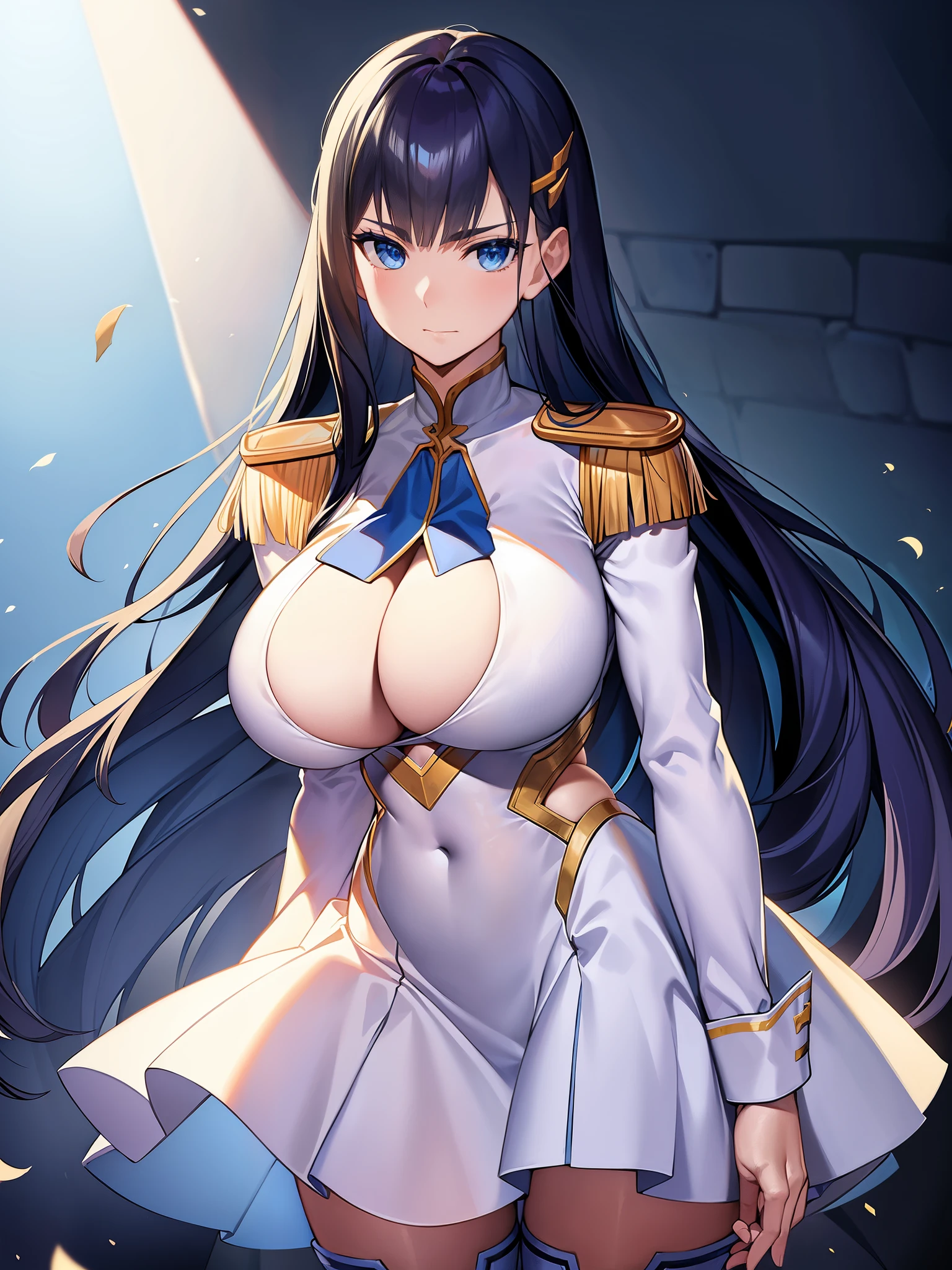 beautiful、masterpiece、best quality、highly detailed face、perfect lighting、big tits milf、big tits milf、big tits milf、solo、Kiryuin Satsuki、blue eyes、Purebred、long sleeve、epaulettes、belly button、underboob、huge breasts、cutting、dress、bra、gem、黄金のdress、skirt、thigh boots、cowboy shot、No expression、simple background