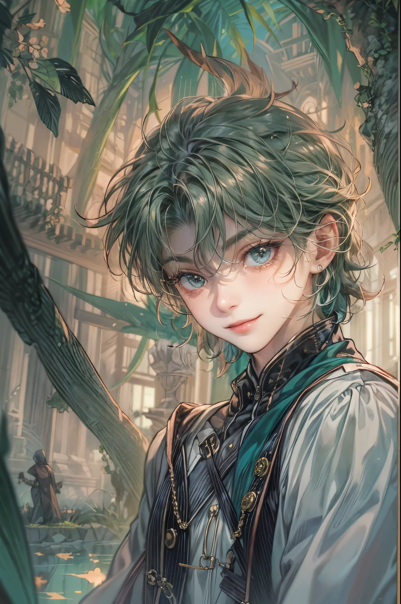 ((Best quality)), ((masterpiece)), (detailed), ((perfect face)), ((halfbody)) handsome face, male,  boy,  perfect proportions , a male version character from fushigi yugi, short hair, male version, creepy smile, detailed eerie background, detailed eerie scenery 