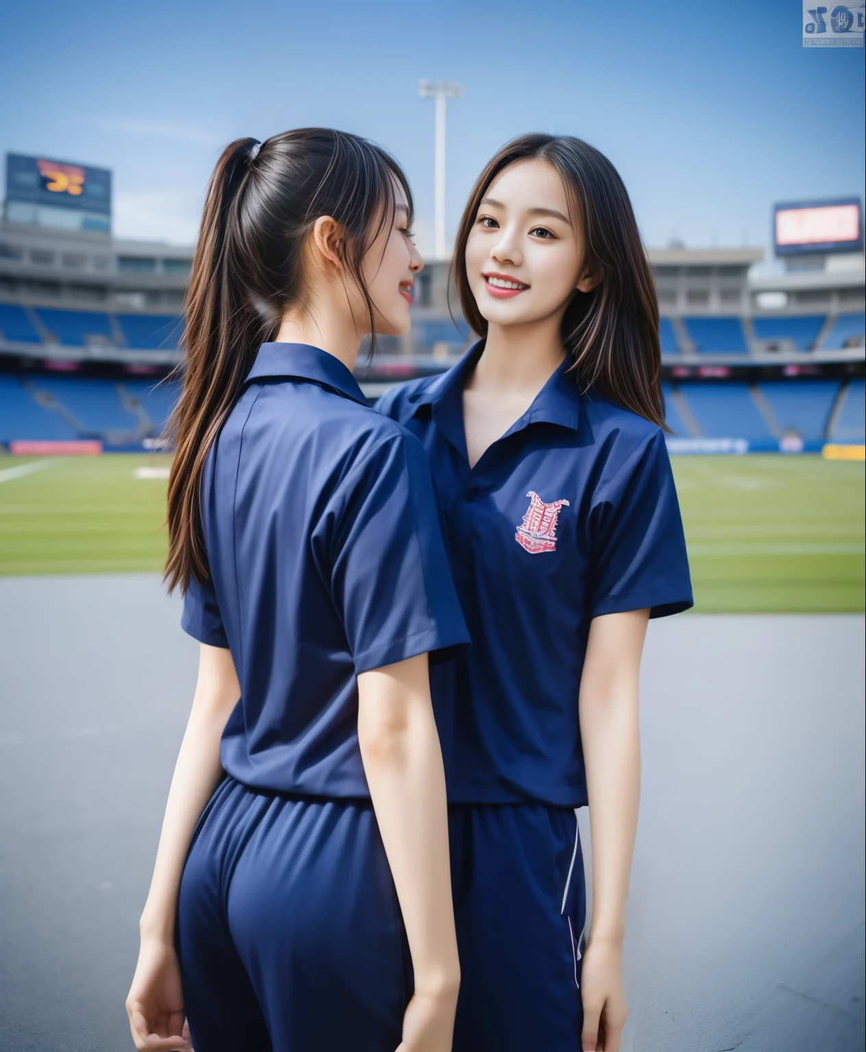 (best quality,10,10,height,Masterpiece:1.2),Special details,(realistic,ภาพrealistic,Realistic photos:1.37),1 cute girl on the football field,shiny, ผิวshiny,only,smile softly,BDclothelue shirt:1.3)),short sleeve,shirt, กางเกงขาlong.,(navy_long_track pants:1.1), ((stadium background:1.3)),Dynamic angle,excited,Face focus,dynamic poses,from behind,focus on ass,Masterpiece, best quality, ultra realistic, hyper-detail, 8K resolution, raw photos, Sharp focus, ((Navy blue shirt:1.1)), short sleeve, เส้นทางlong, perfect body, 2 mature women, 18 years old, Cinema-grade lighting system,blue sweatpants,shirtผ้าออกกำลังกาย,correct anatomy,perfect body, correct body, Sharp face, correct bodyทางกายวิภาค, full body, realistic gestures, long-haired, realistic poses,Wear long shorts................................,ช่วงขาlong,Good shape,carved girl, Slender figure, model, Good shape, beautiful body,blue sweatpants, two girls kissing