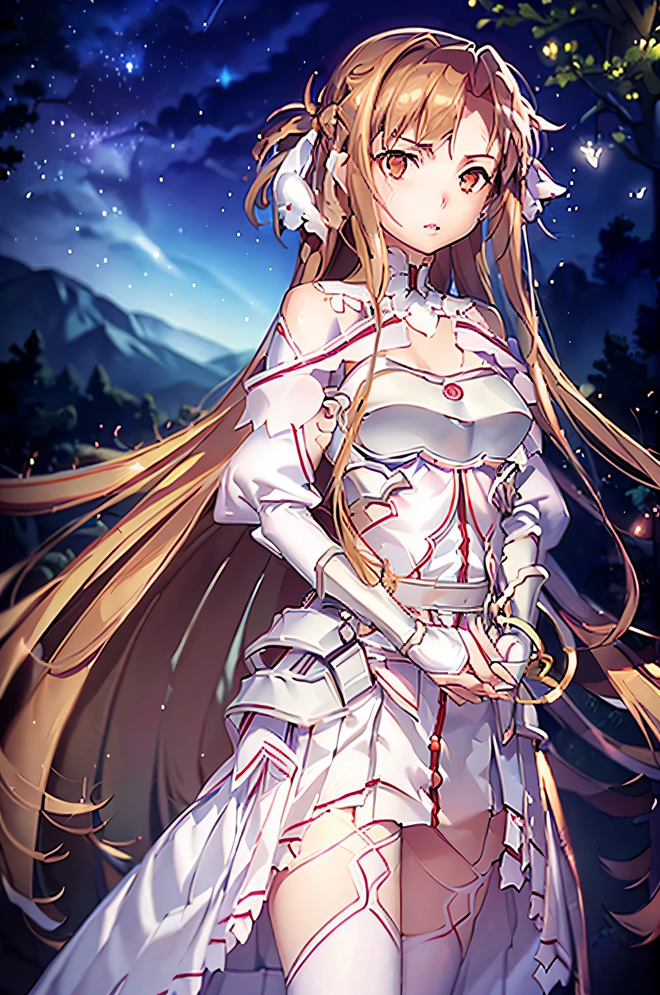 8k, raw camera, highres, detailed, masterpiece, portrait, full body, photorealistic, hyperrealist, aesthetic, beautiful, best quality, high detail,  best quality clothing, aesthetic clothing, professional angle, rule of thirds, feminine, delicate, beautiful, 19 years, attractive Japanese, solo, 1 girl, (Asuna Yuuki), (in field with forest in background), ((full body)), ((from front)), (shallow depth of field), Night sky, Stars, a couple of fireflies, ((confused)), (long hair, light orange hair), (loose hair, bangs, blunt bangs, very straight hair, ((-)), (hazel eyes, open eyes, serious gaze), (-, Arms down, hands down), ((standing)), (mouth open), -, -, (slightly more than average bust), ((white blouse, red breezes skirt)), (white stockings), (delicate armor in clothes), beautiful body, beautiful eyes, shiny eyes, shiny hair, beautiful mouth, beautiful lips, beautiful skin, beautiful face