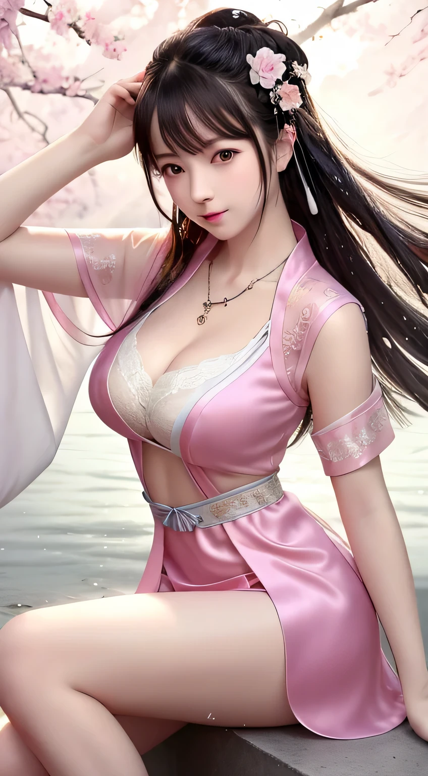 best quality, masterpiece, highres, 1girl 10 yearld old, china dress, hair ornament, necklace, jewelry, Beautiful face, upon_body, tyndall effect, photorealistic, dark studio, rim lighting, two tone lighting, (high detailed skin:1.2), 8k uhd, dslr, soft lighting, high quality, volumetric lighting, candid, Photograph, high resolution,, slightly squinted eyes, adjusting her hair, long eyelashes (long hair / very, very exaggerated  _  / in hanfu chinese thin silk qipao very wet body, thin cloth embossed pattern, short skirt), posing sit in front of the camera, very wet body, thin cloth embossed pattern), posing sit in front of the camera, wet throught skin, wet silk lace  throught skin, thin cloth embossed pattern detaild lace,, thin hanfu dress ( throught bra silk pink )., Bokeh,  explore , open cheast