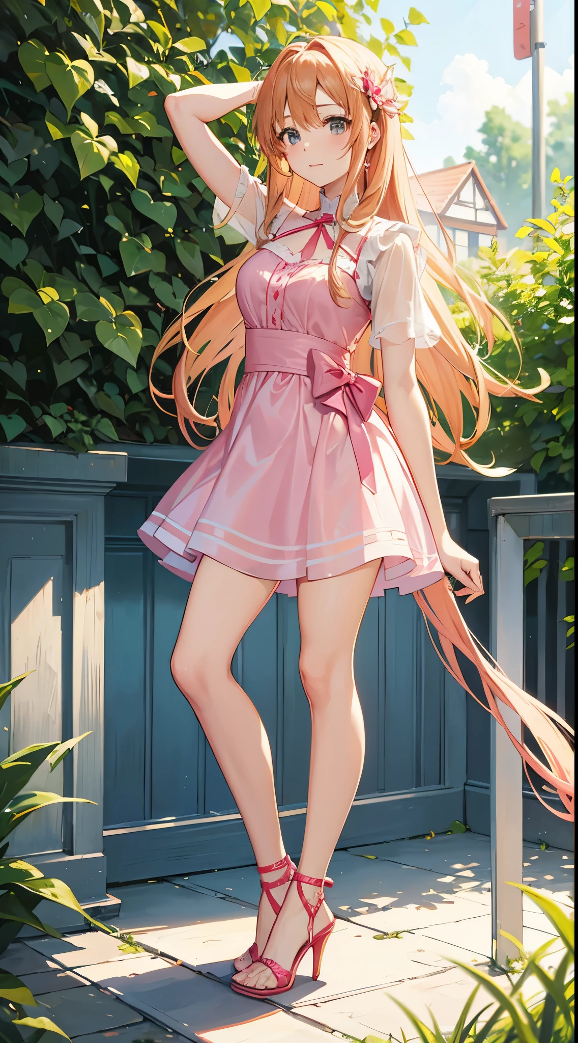 Asuna from Sword Art Online wearing a pink summer dress and high heels