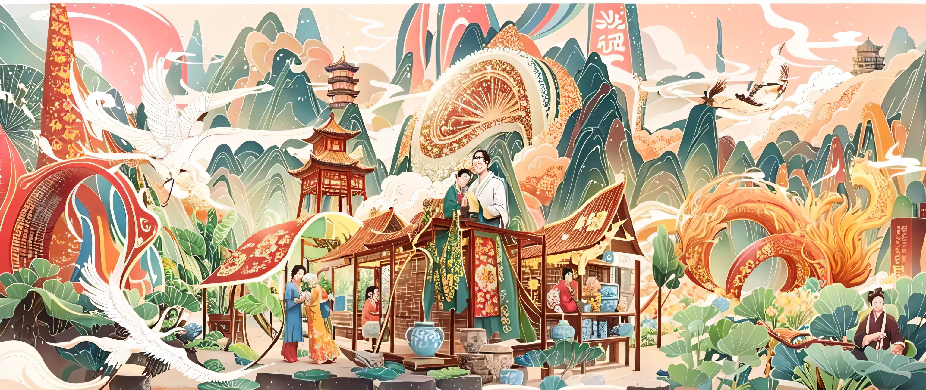 A painting of people and other animals in a tea garden, Chinese surrealism, Chinese mythology, Chinese fantasy, Chinese traditional art, 复杂的细节painting, Ruan Jian, 中国风painting, ancient chinese art style, ultra-detailed painting, 错综复杂的painting, 错综复杂的奇幻painting, beautiful 错综复杂的painting, painting, unique and complex,More tea elements