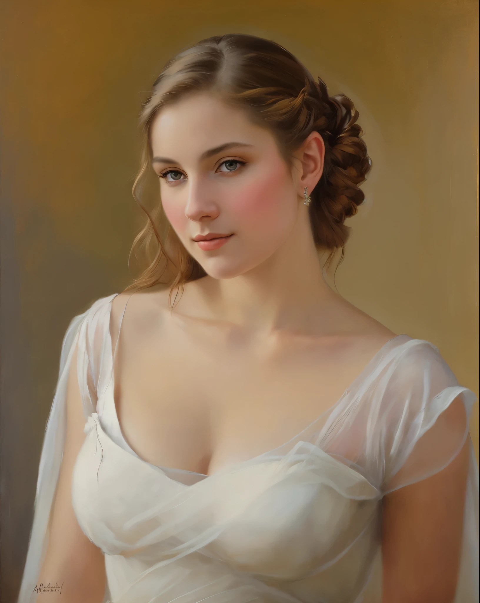 Masterpiece, Best quality, Ethereal beauty, portrait, girl, 35 years old Woman, middle ages, classicism, andrey atroshenko style, painting, traditional media, realistic, figurative, fine art, oil on canvas, HDR, 8K, original character, high resolution, high detail, focus on the face