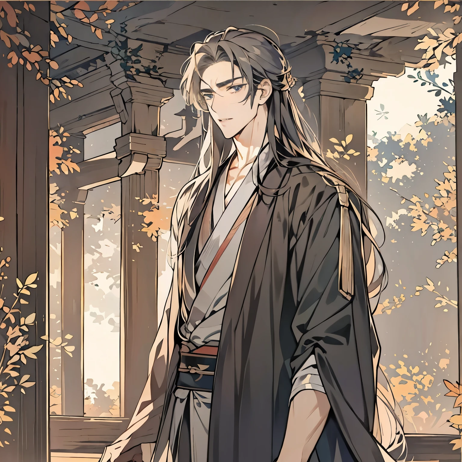 male，mature man，Handsome，simple pictures，Anime style gentle，antiquity，long gown，long hair，Calm