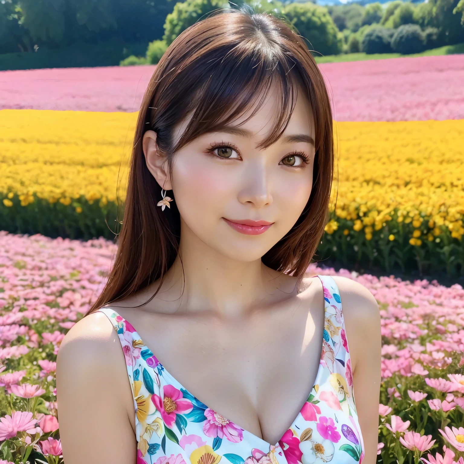 (table top、highest quality、8k、Award-winning work、ultra high resolution)、(one mature woman:1.1)、 (Beautiful at 40 years old:1.1)、(solo:1.2)、(The most classy and beautiful spring clothes:1.1)、(Flower field background with countless flowers:1.1)、(The background is a colorful flower field:1.1)、(perfect anatomy:1.1)、close up of face、Lustrous and beautiful hair、Super high-definition sparkling brown eyes、(Shiny and beautiful skin:1.1)、(Beautiful skin that is extremely brightly illuminated:1.1)、beautiful glossy lips、the most romantic love mood(very bright and vivid:1.1)、(very bright and vivid:1.1)、epic movie lighting