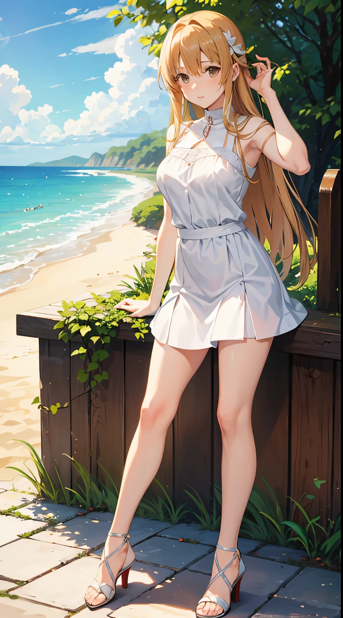 (masterpiece:1.2, best quality), 1girl, smirk, slim, slender, green eyes, sharp eyes, small_breasts, flat_chest, facing viewer, dress, strappy sandals, simple hoop earrings, shell necklace, areola slip, down blouse, embarrassed, long blonde hair, ^ ^, nature, green hill, serene spaces,