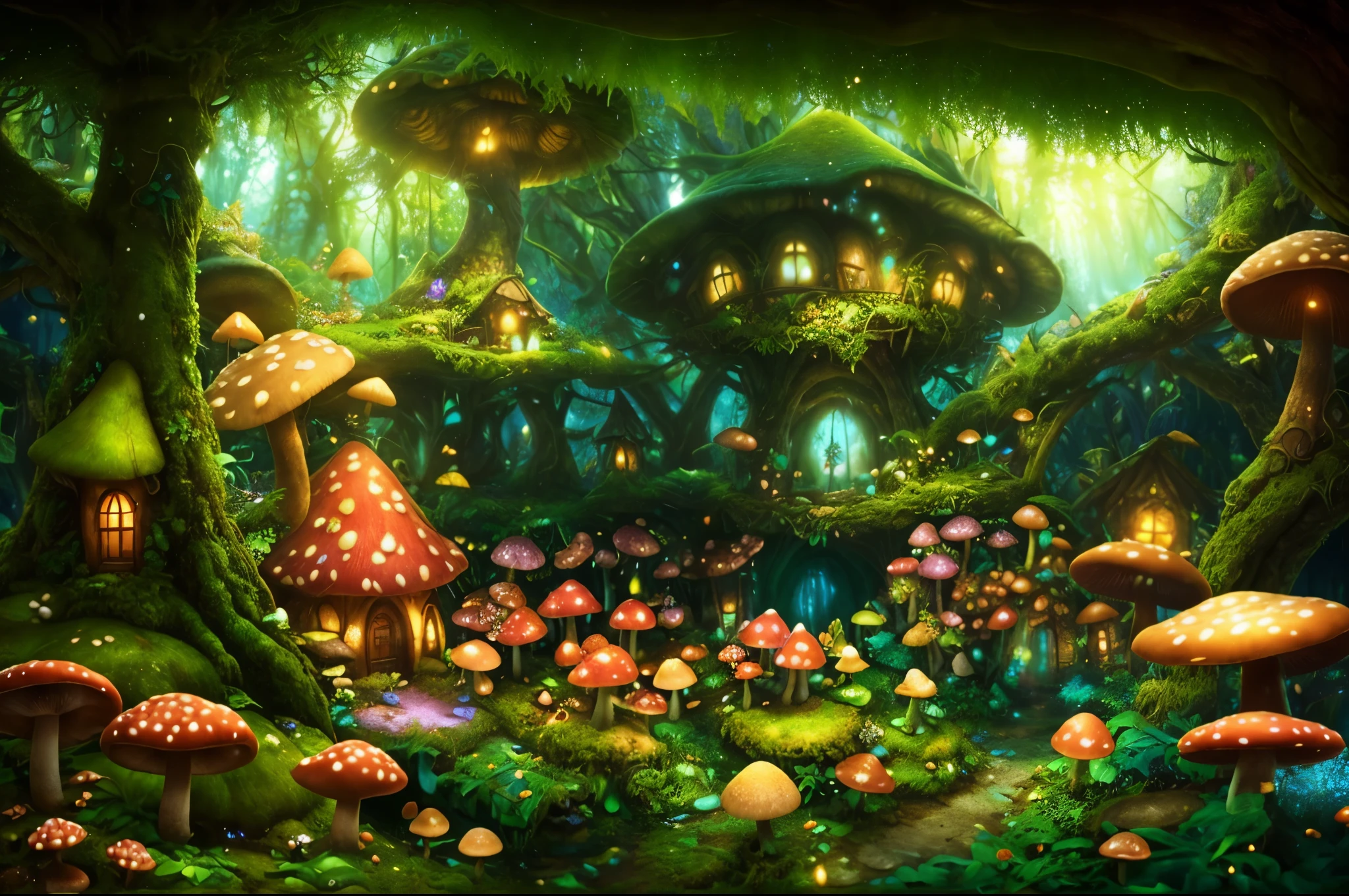 Close-up of a mushroom house with mushrooms in the forest, fairy tale kingdom forest, enchanted forest背景, enchanted Enchanted Jungle, magic fairy forest, fairy forest, enchanted forest, Enchanted Jungle, lush fairy forest, Magical fairy tale background, magical environment, fantasy magic vegetation, enchanted forest背景, Fantasy forest background, Elf forest background