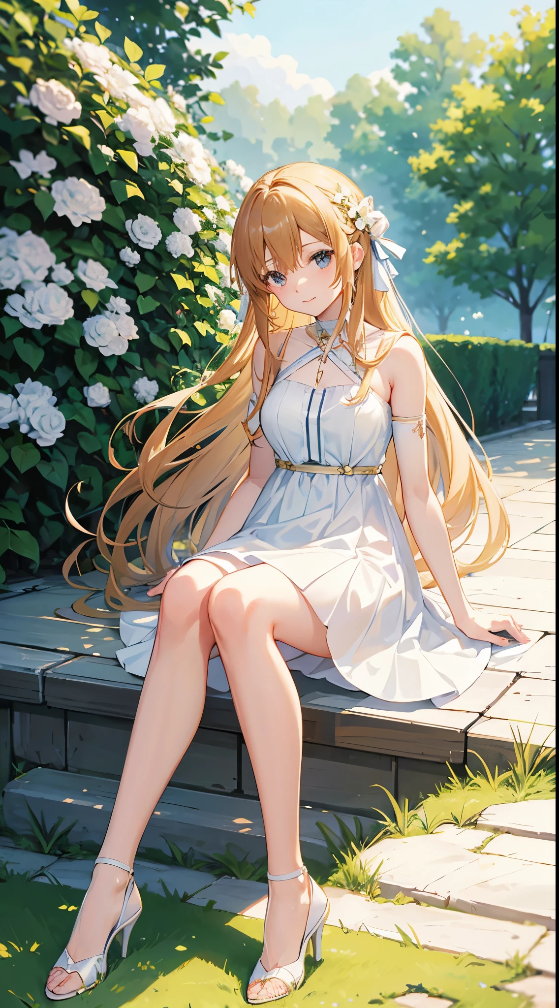 Asuna from Sword Art Online wearing a white summer dress with flowers and high heels