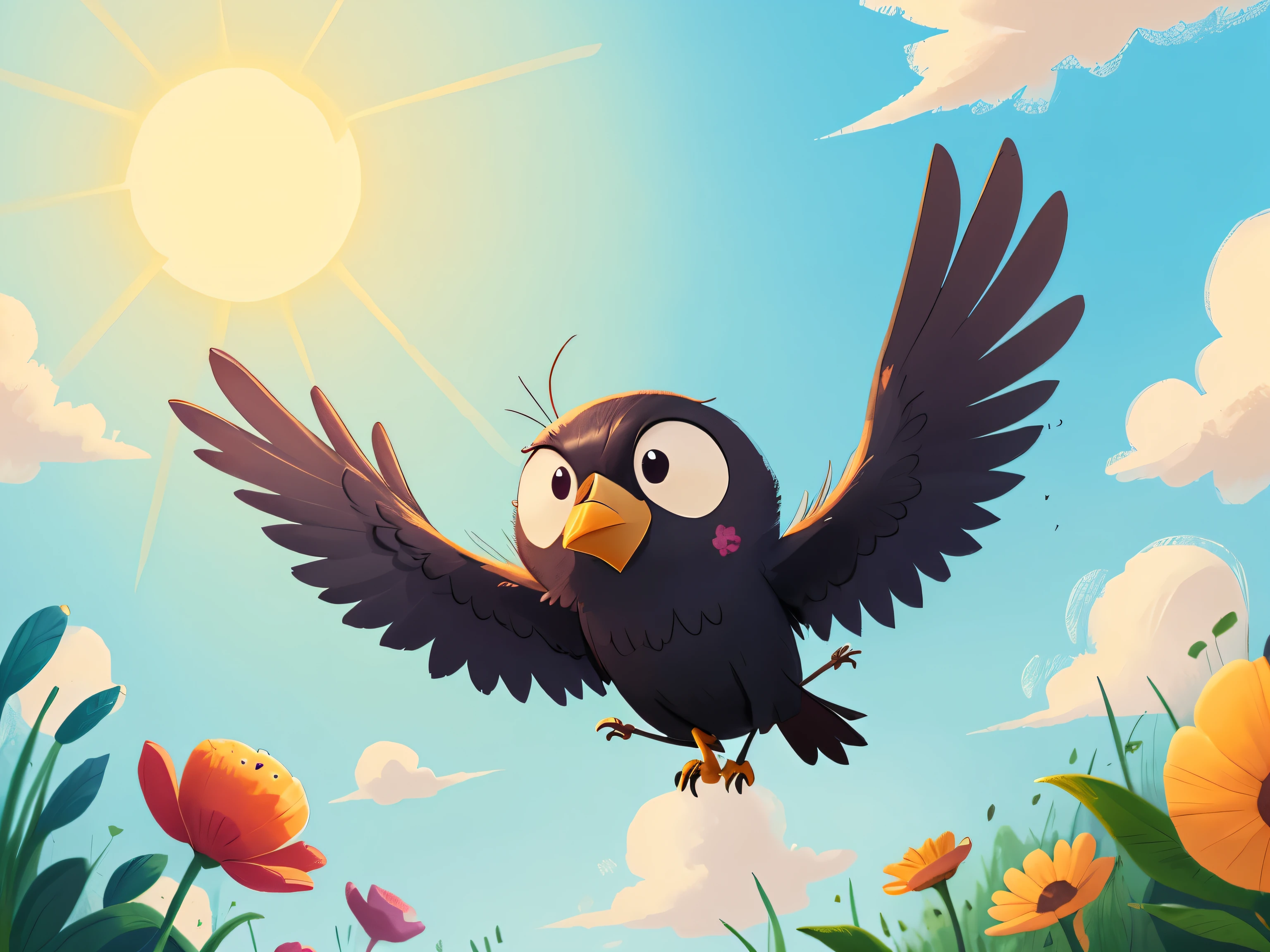 A flying crow，close up，sun，Sky，cartoon，illustration