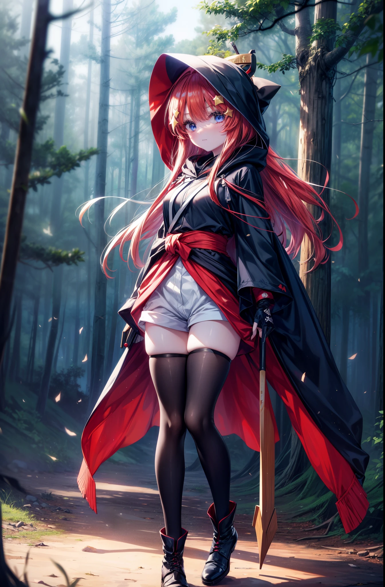 itsukinakano, Itsuki Nakano, bangs, blue eyes, hair between eyes, put the back hair in the hood,, redhead, star \(symbol\), hair ornaments, star hair ornaments,hood up,carry a bow on one's shoulders,Wear a box containing arrows on your waist, asymmetrical clothes, boots, cloak,gloves, red Thighhighs, high heels, shorts, Thighhighs,So that the whole body goes into the illustration,walking,
break outdoors, forest,forest林, (cowboy shot:1. 5)
break (masterpiece:1.2), highest quality, High resolution, unity 8k wallpaper, (figure:0.8), (detailed and beautiful eyes:1.6), highly detailed face, perfect lighting, Very detailed CG, (perfect hands, perfect anatomy),