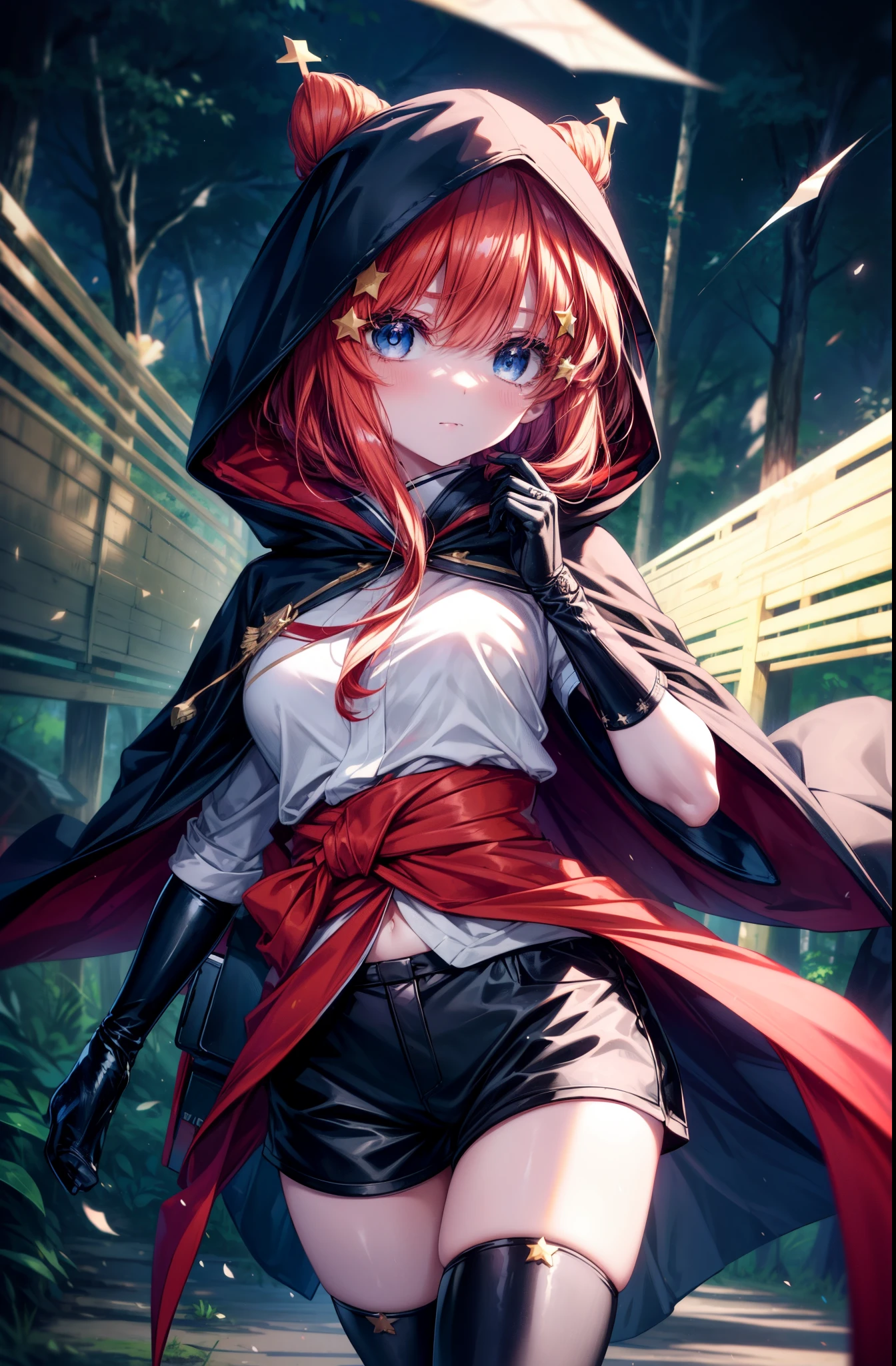 itsukinakano, Itsuki Nakano, bangs, blue eyes, hair between eyes, put the back hair in the hood,, redhead, star \(symbol\), hair ornaments, star hair ornaments,hood up,carry a bow on one's shoulders,Wear a box containing arrows on your waist, asymmetrical clothes, boots, cloak,gloves, red Thighhighs, high heels, shorts, Thighhighs,So that the whole body goes into the illustration,walking,
break outdoors, forest,forest林, (cowboy shot:1. 5)
break (masterpiece:1.2), highest quality, High resolution, unity 8k wallpaper, (figure:0.8), (detailed and beautiful eyes:1.6), highly detailed face, perfect lighting, Very detailed CG, (perfect hands, perfect anatomy),