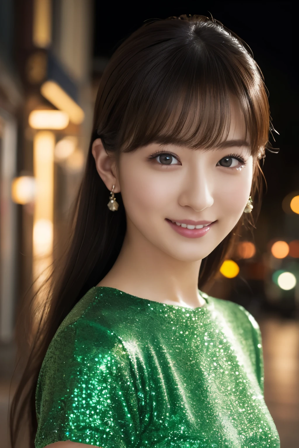 1 girl, (wearing a green glitter dress:1.2), (RAW photo, highest quality), (realistic, Photoreal:1.4), table top, very delicate and beautiful, very detailed, 2k wallpaper, wonderful, finely, very detailed CG Unity 8K 壁紙, super detailed, High resolution, soft light, beautiful detailed girl, very detailed目と顔, beautifully detailed nose, detailed and beautiful eyes, cinematic lighting, night city lights, Fantastic illumination, perfect anatomy, slender body, small, smile