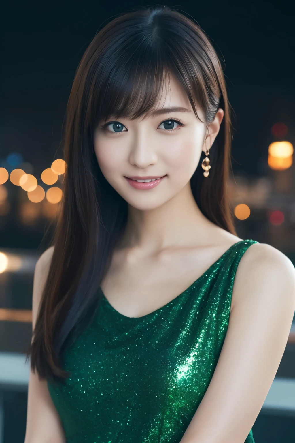 1 girl, (wearing a green glitter dress:1.2), (RAW photo, highest quality), (realistic, Photoreal:1.4), table top, very delicate and beautiful, very detailed, 2k wallpaper, wonderful, finely, very detailed CG Unity 8K 壁紙, super detailed, High resolution, soft light, beautiful detailed girl, very detailed目と顔, beautifully detailed nose, detailed and beautiful eyes, cinematic lighting, night city lights, Fantastic illumination, perfect anatomy, slender body, small, smile