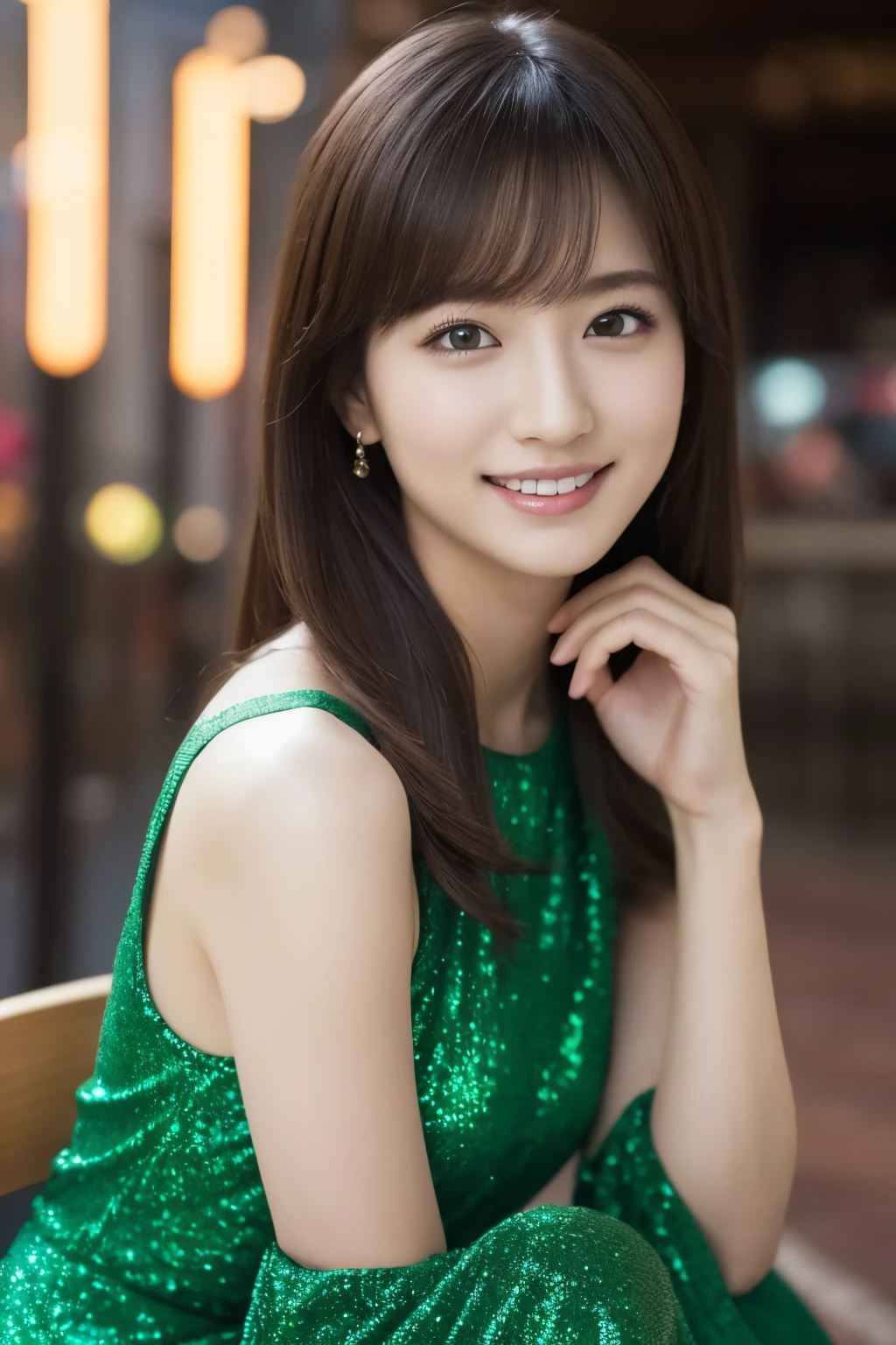 1 girl, (wearing a green glitter dress:1.2), (RAW photo, highest quality), (realistic, Photoreal:1.4), table top, very delicate and beautiful, very detailed, 2k wallpaper, wonderful, finely, very detailed CG Unity 8K 壁紙, super detailed, High resolution, soft light, beautiful detailed girl, very detailed目と顔, beautifully detailed nose, detailed and beautiful eyes, cinematic lighting, night city lights, Fantastic illumination, perfect anatomy, slender body, small, smile