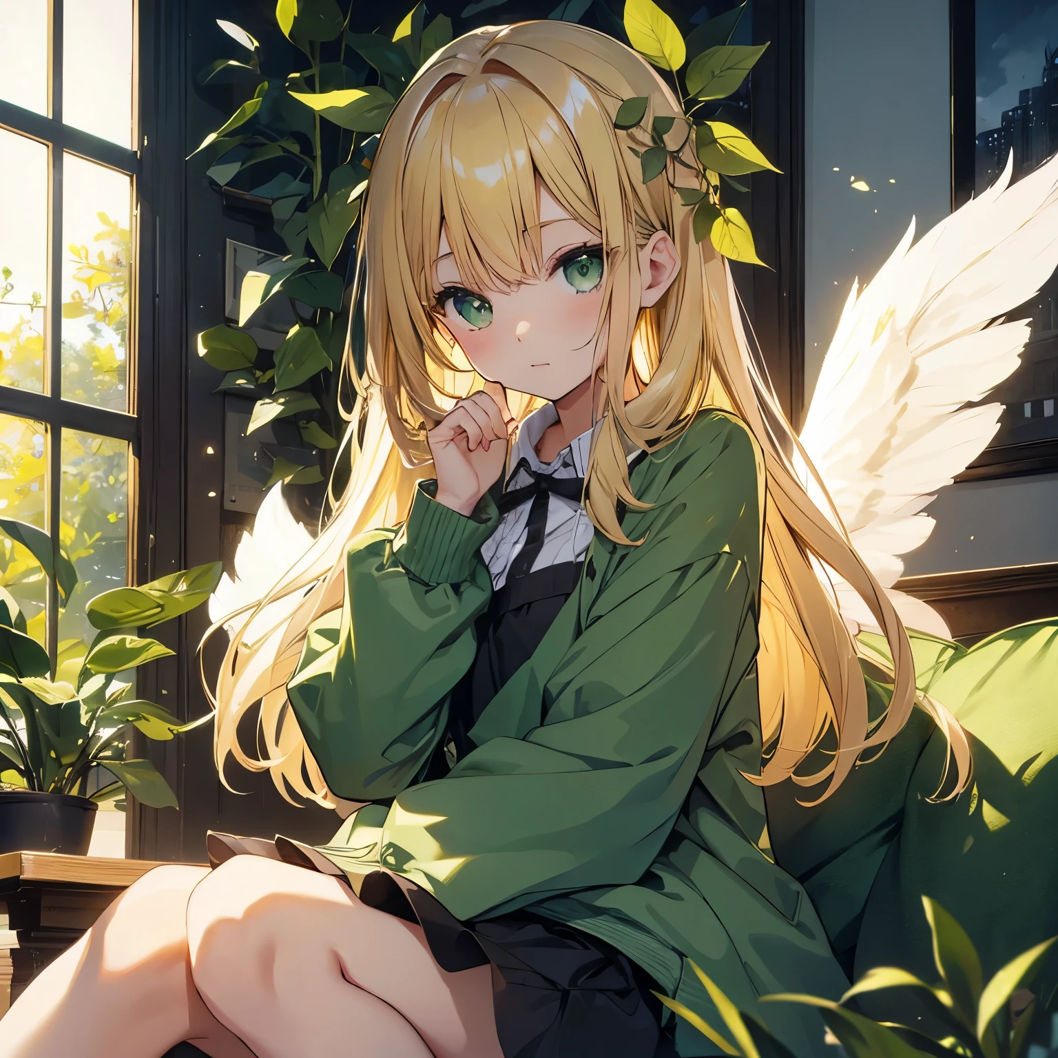 cute、blonde、green eyes、low length、Angel、young girl、Easygoing、clear