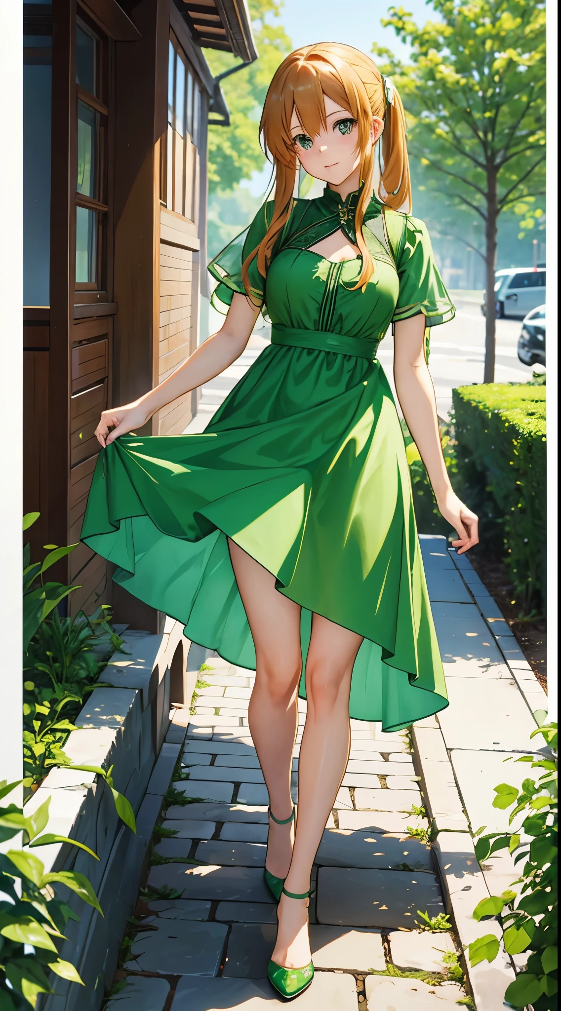 Asuna from Sword Art Online wearing a green summer dress and high heels