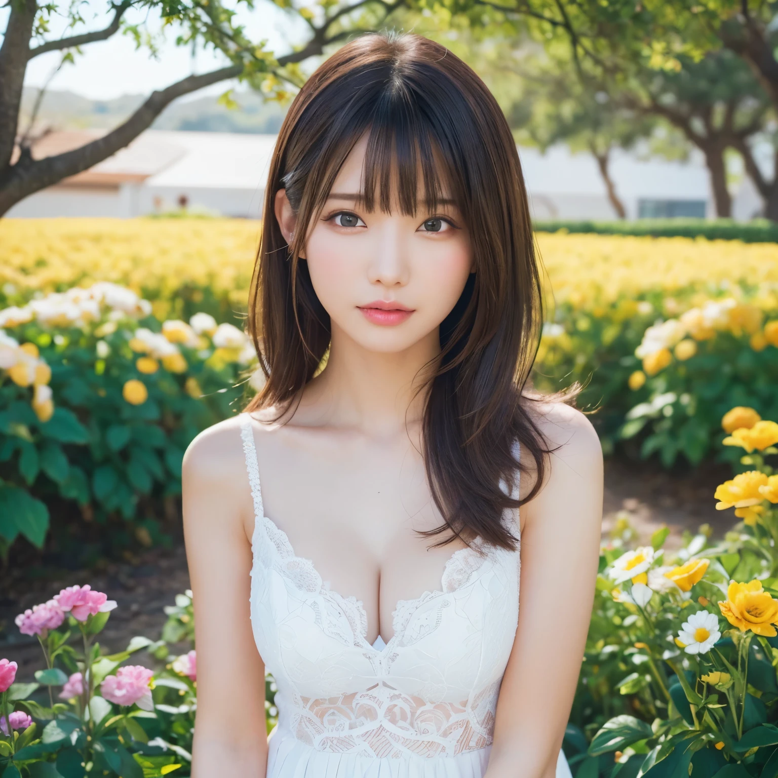 (table top、highest quality、8k、Award-winning work、ultra high resolution)、one girl、 (The most classy and beautiful spring clothes:1.1)、(Flower field background with countless flowers:1.1)、(The background is a colorful flower field:1.1)、(perfect anatomy:1.1)、close up of face、Lustrous and beautiful hair、Super high-definition sparkling brown eyes、(Shiny and beautiful skin:1.1)、(Beautiful skin that is extremely brightly illuminated:1.1)、beautiful glossy lips、the most romantic love mood(very bright and vivid:1.1)、(very bright and vivid:1.1)