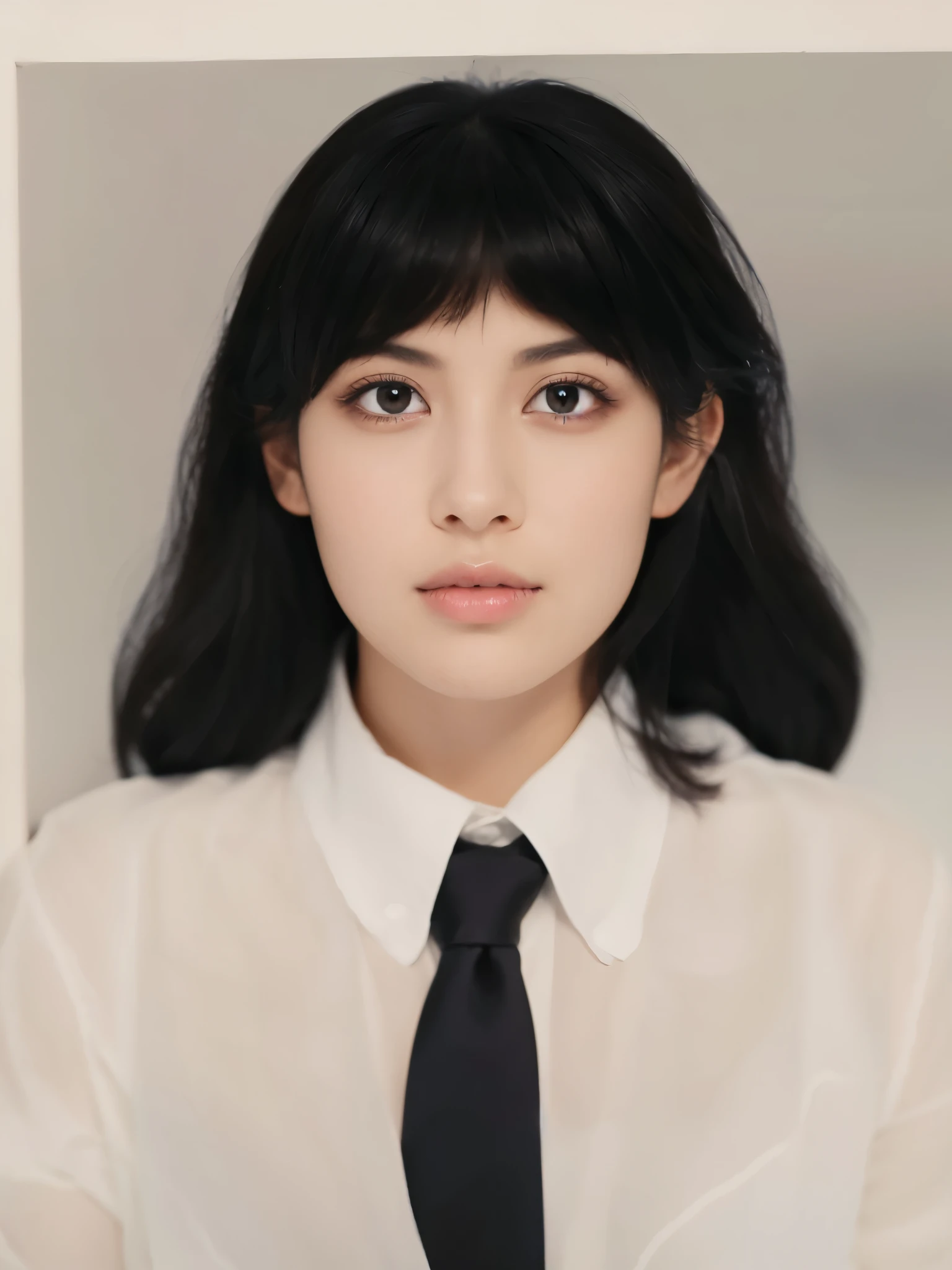 portrait of a woman wearing a white shirt and black tie,beautiful detailed eyes,beautiful detailed lips,extremely detailed eyes and face,longeyelashes,(best quality,4k,8k,highres,masterpiece:1.2),ultra-detailed,(realistic,photorealistic,photo-realistic:1.37),studio lighting,professional,vivid colors,soft skin tones,splendid composition,graceful pose,blue background,sharp focus