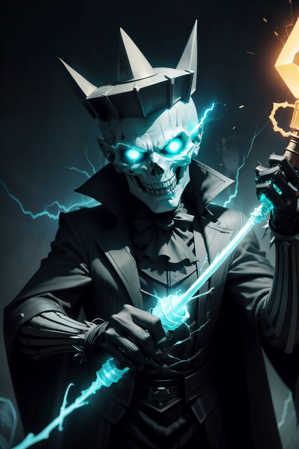Electro-shock King: Wielding a scepter topped with glowing electrical currents, the ominous Skeleton King threatens to electrocute you with a chilling grin. His bony fingers crackle with electricity, ready to deliver a jolting shock that's sure to leave you stunned.