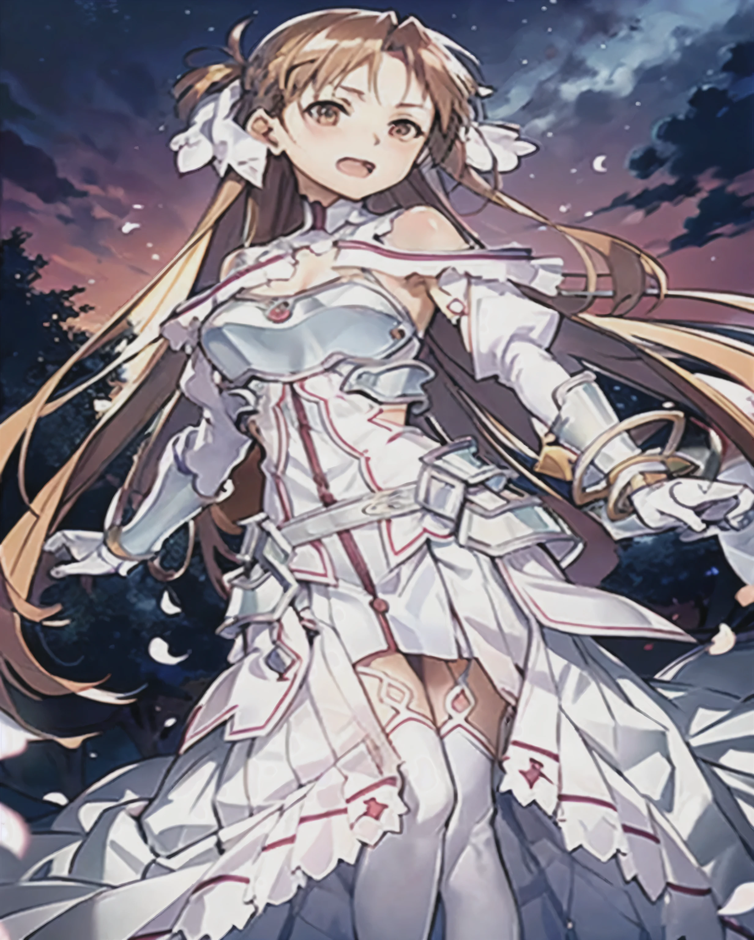 8k, raw camera, highres, detailed, masterpiece, portrait, full body, photorealistic, hyperrealist, aesthetic, beautiful, best quality, high detail, best quality clothing, aesthetic clothing, professional angle, rule of thirds, feminine, delicate, beautiful, 19 years, attractive Japanese, solo, 1 girl, (Asuna Yuuki), (in field with forest in background), ((full body)), ((from front)), (shallow depth of field), Night sky, Stars, a couple of fireflies, ((confused)), (long hair, light orange hair), (loose hair, bangs, blunt bangs, very straight hair, ((-)), (hazel eyes, open eyes, serious gaze), (-, Arms down, hands down), ((standing)), (mouth open), -, -, (slightly more than average bust), ((white blouse, red breezes skirt)), (white stockings), (delicate armor in clothes), beautiful body, beautiful eyes, shiny eyes, shiny hair, beautiful mouth, beautiful lips, beautiful skin, beautiful face