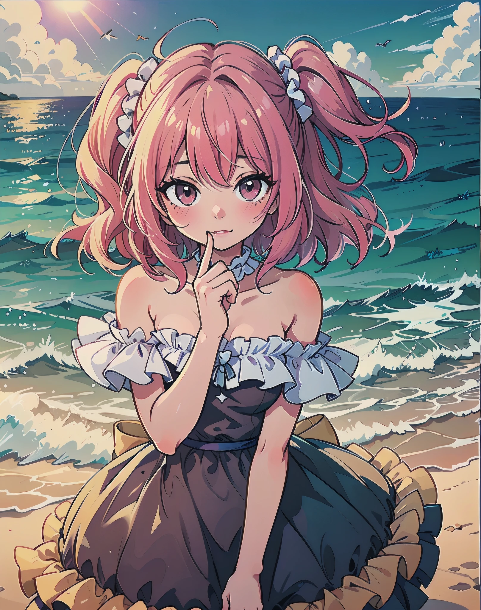 (masterpiece、highest quality)、upper_body, front view, insightful, breast squeeze, light blush, girl,woman,female, medium hair, hime cut, parted bangs, twin drills, hair intakes, pink hair, two-tone hair, hair fluttering in the wind, ahoge, heart, bright pupils, bare_shoulders, fingernails, pink eyes, red_bow, flower with hair, scrunchie, frilled_dress, frills, dissolving dress, strapless, polka_dot, aqua Clothes, blue_sky, beach, ocean, lens flare,