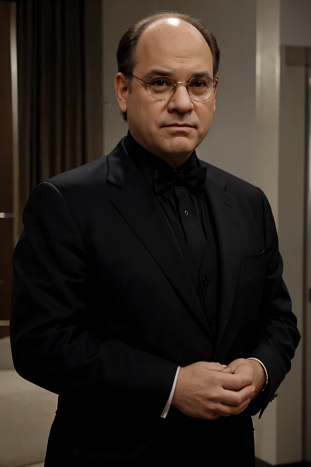 George Costanza (from Seinfeld) wearing a black suit with bowtie