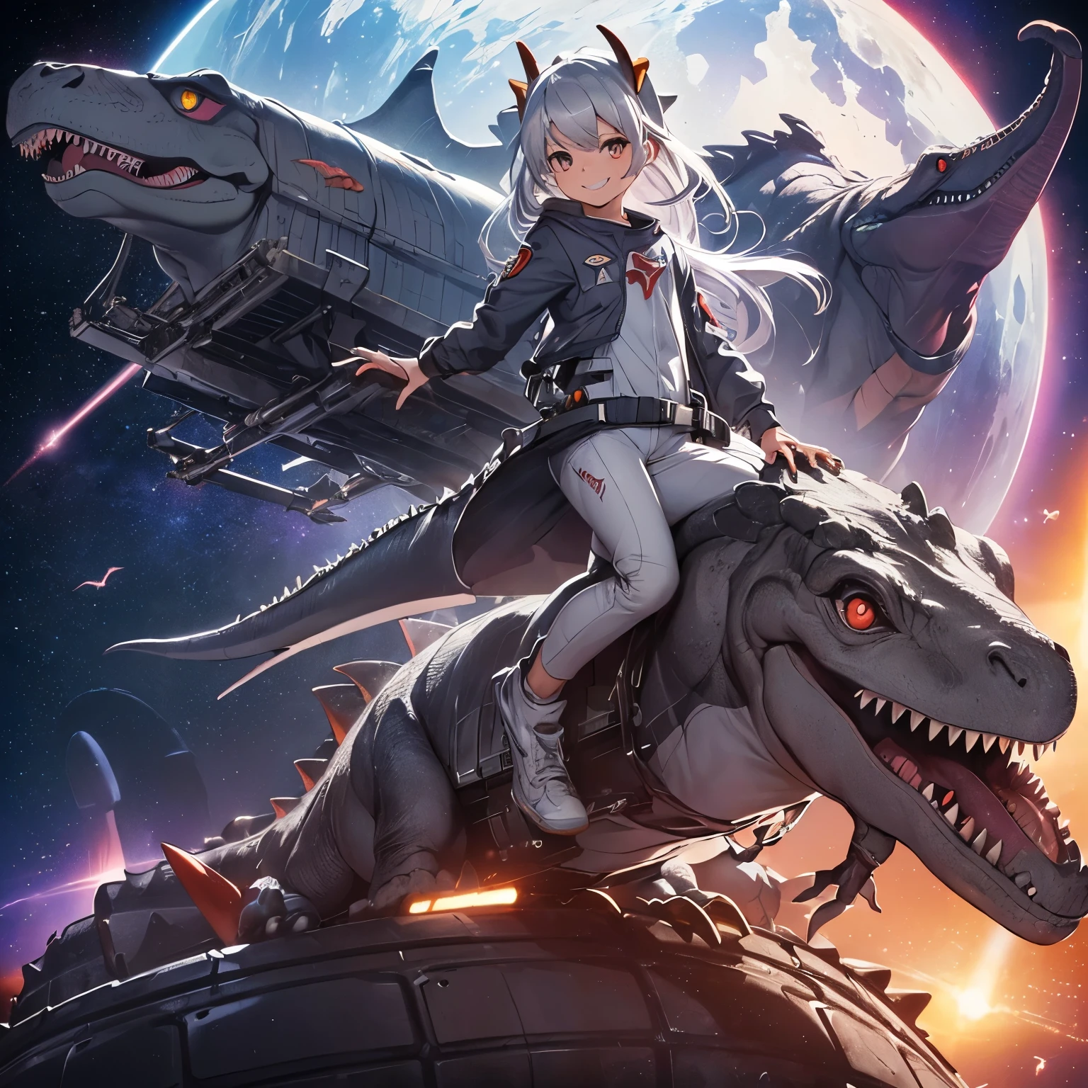 (((Dinosaur))), (((Space Ship))), (((flying))), (((ride on tire))), (((sky))), (((silver hair))), (((red eyeaster piece))), (((full body))), (((smile))),
